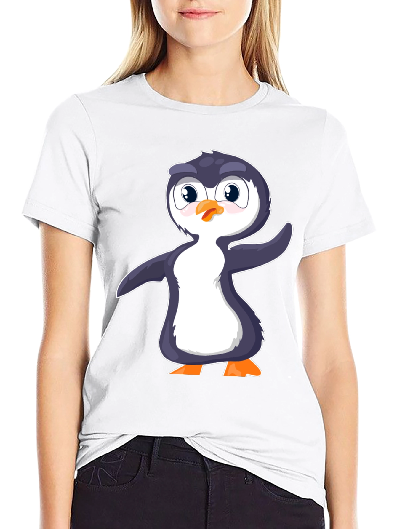 Black Cute Penguin Graphic Print Black T-Shirt view 9