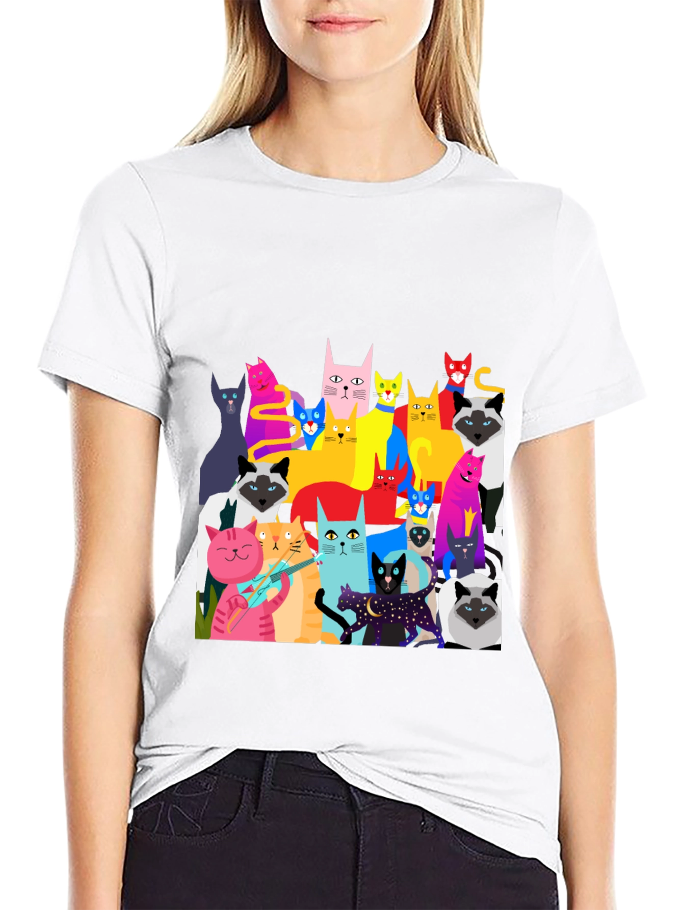 Black Colorful Cat Graphic Tee - Unique Fun Design view 9