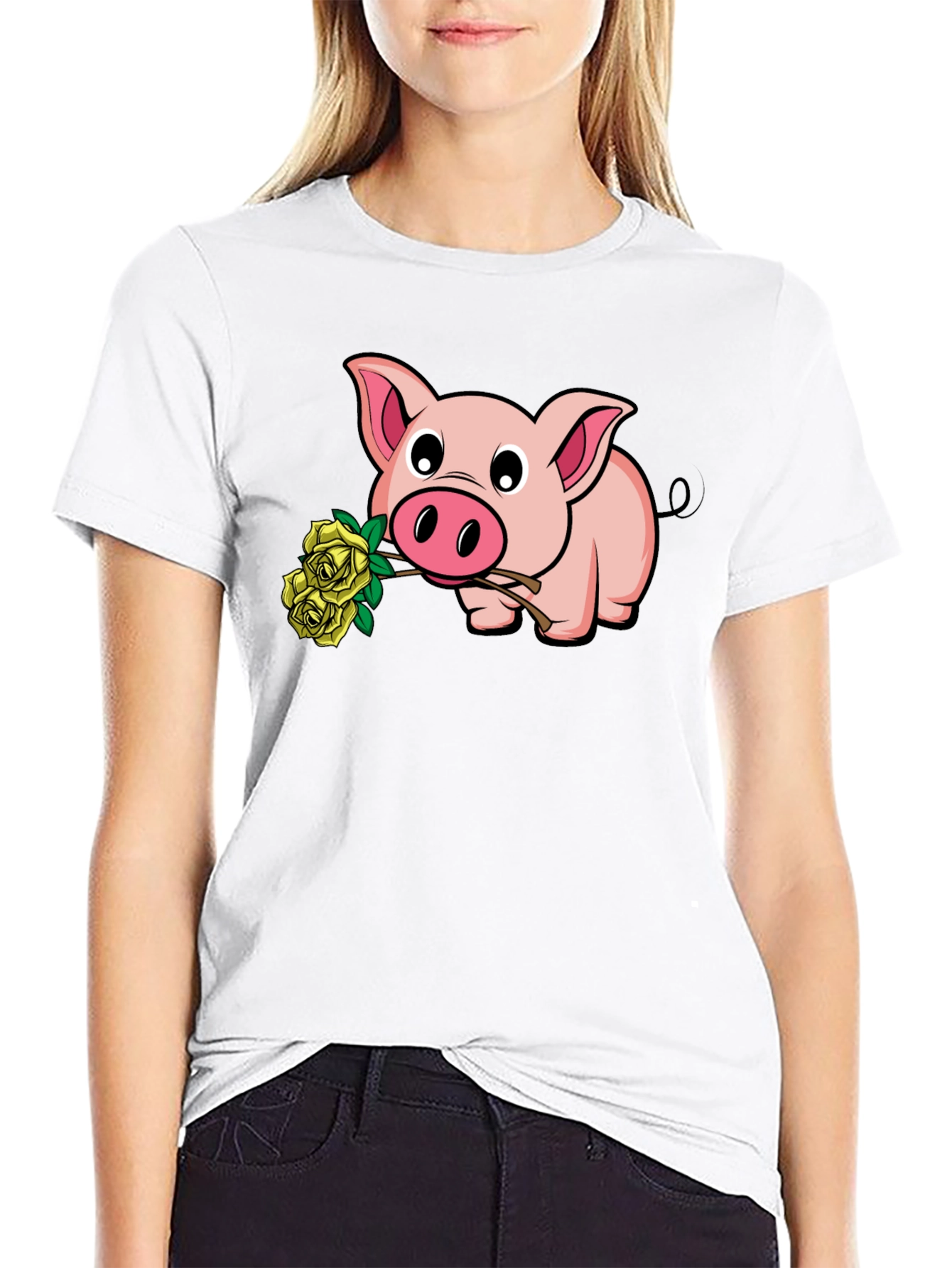 Black Pig Holding Yellow Roses Graphic T-Shirt view 9