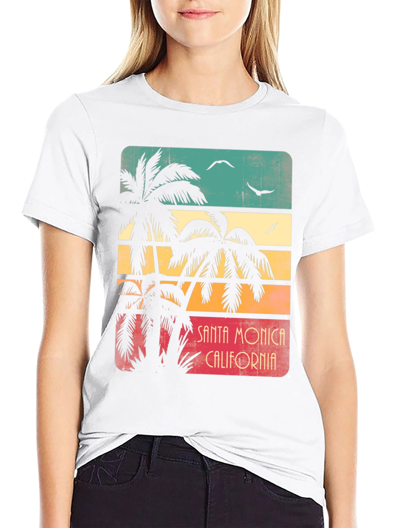 Black Santa Monica Palm Tree Retro Graphic T-Shirt view 9