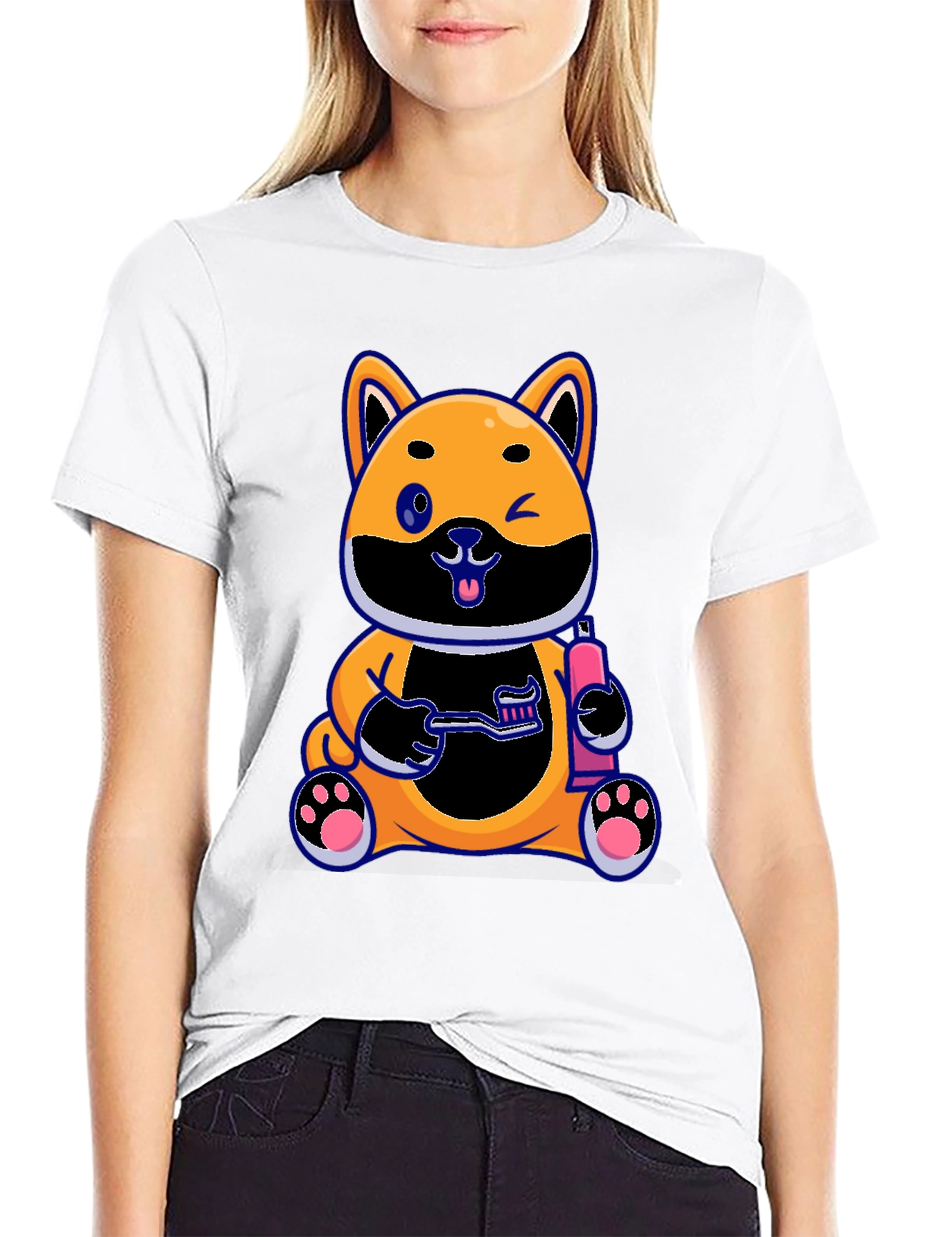 Black Cute Dog with Toothbrush Graphic Black T-Shirt view 9