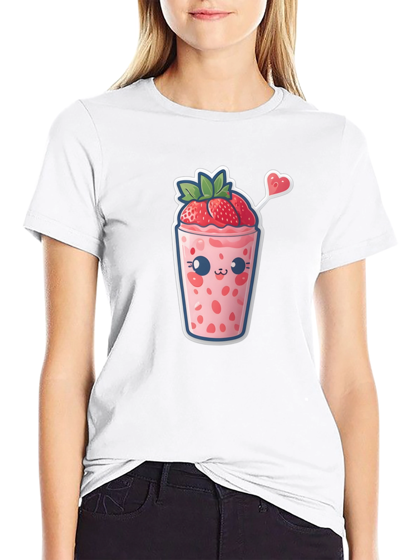 Black Kawaii Strawberry Smoothie T-Shirt view 9