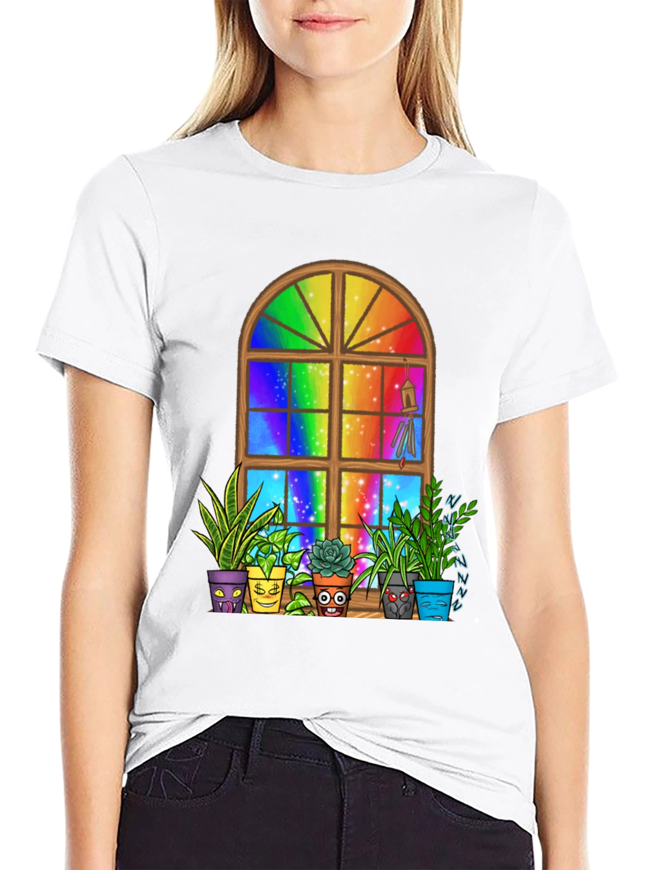 Black Rainbow Window Potted Plants Graphic Tee view 9