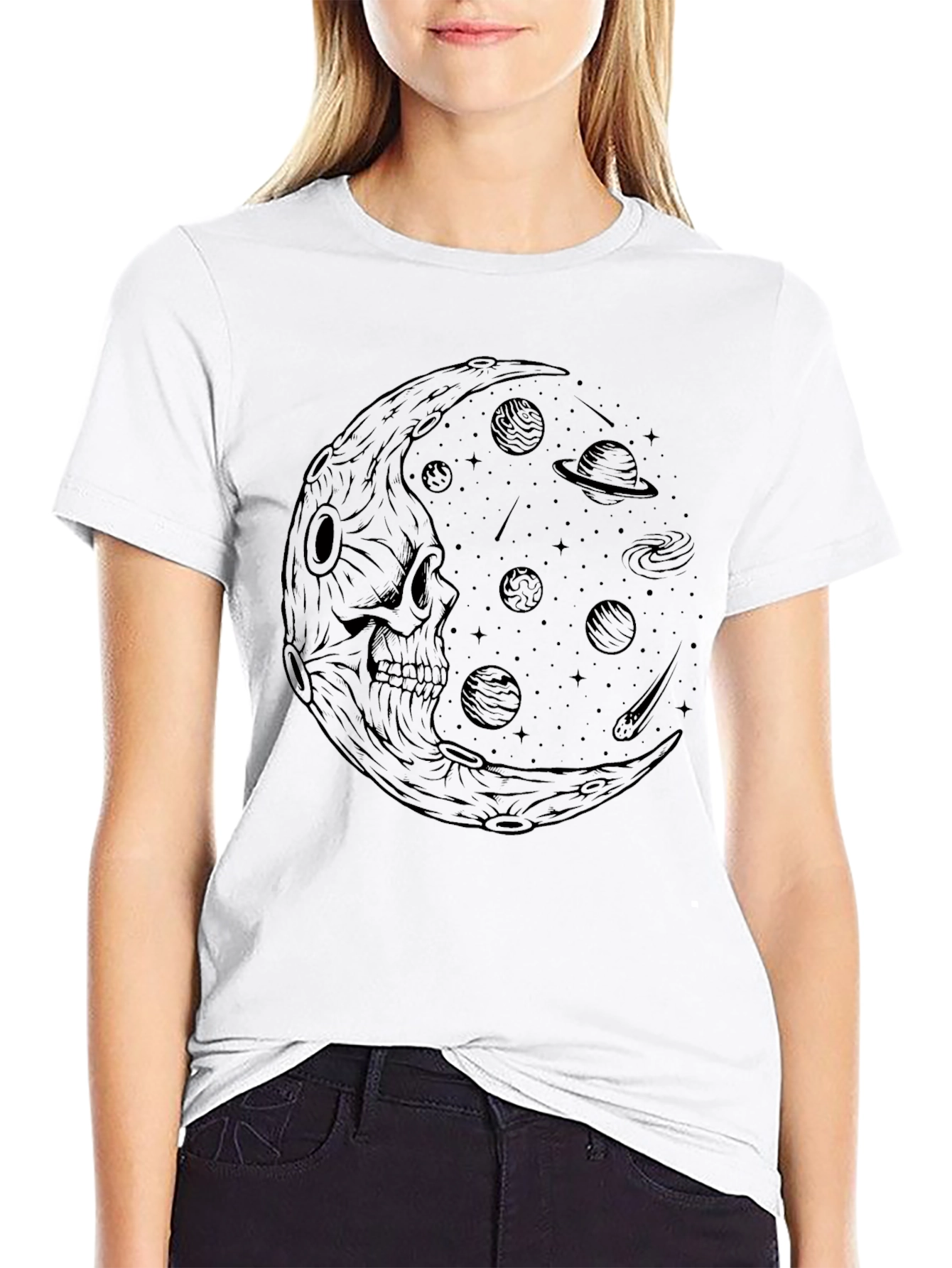 Black Skull Moon Galaxy Graphic Tee - Black Cotton T-Shirt view 9