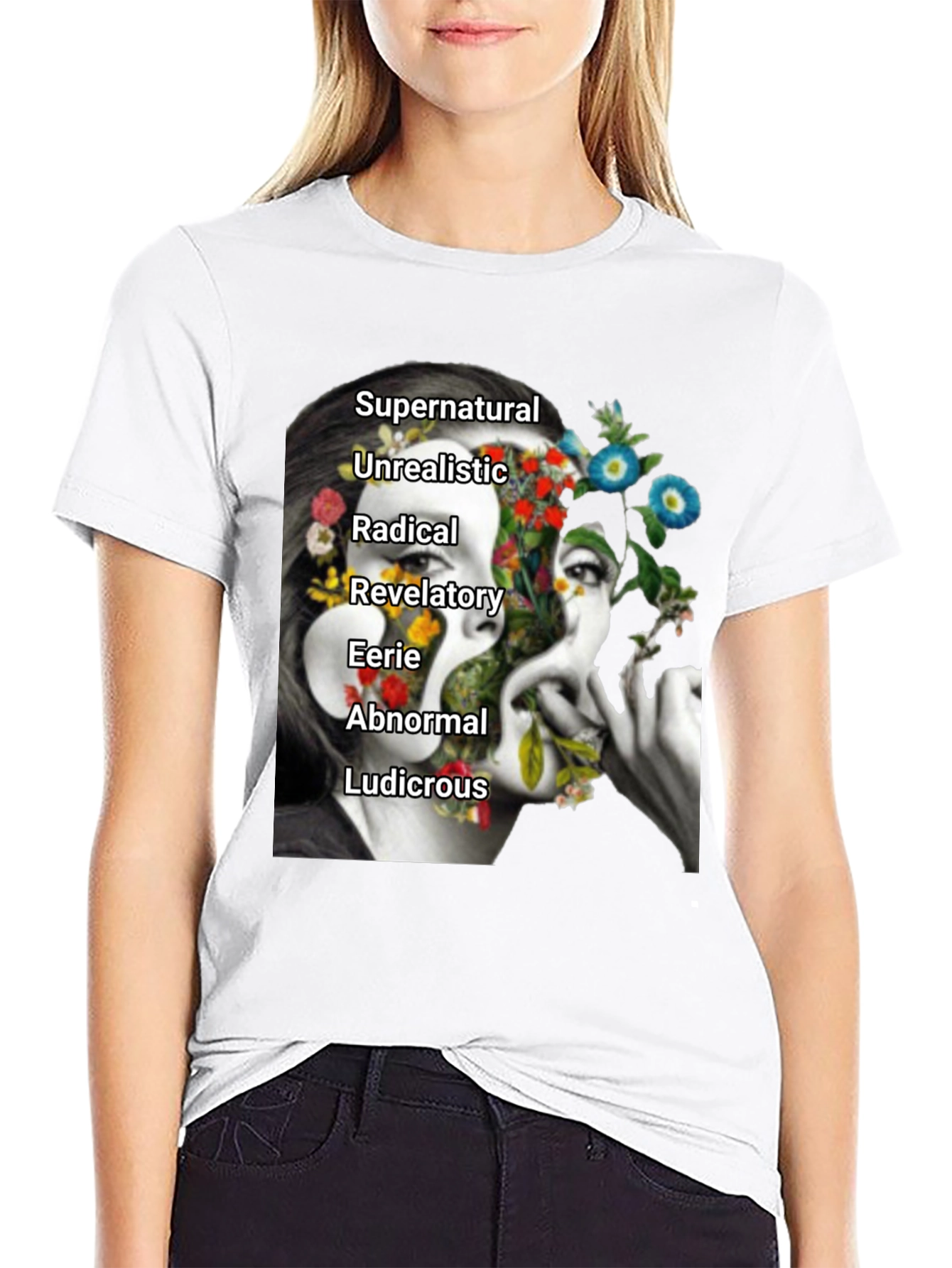 Black Surreal Floral Woman's Face Graphic Tee view 9