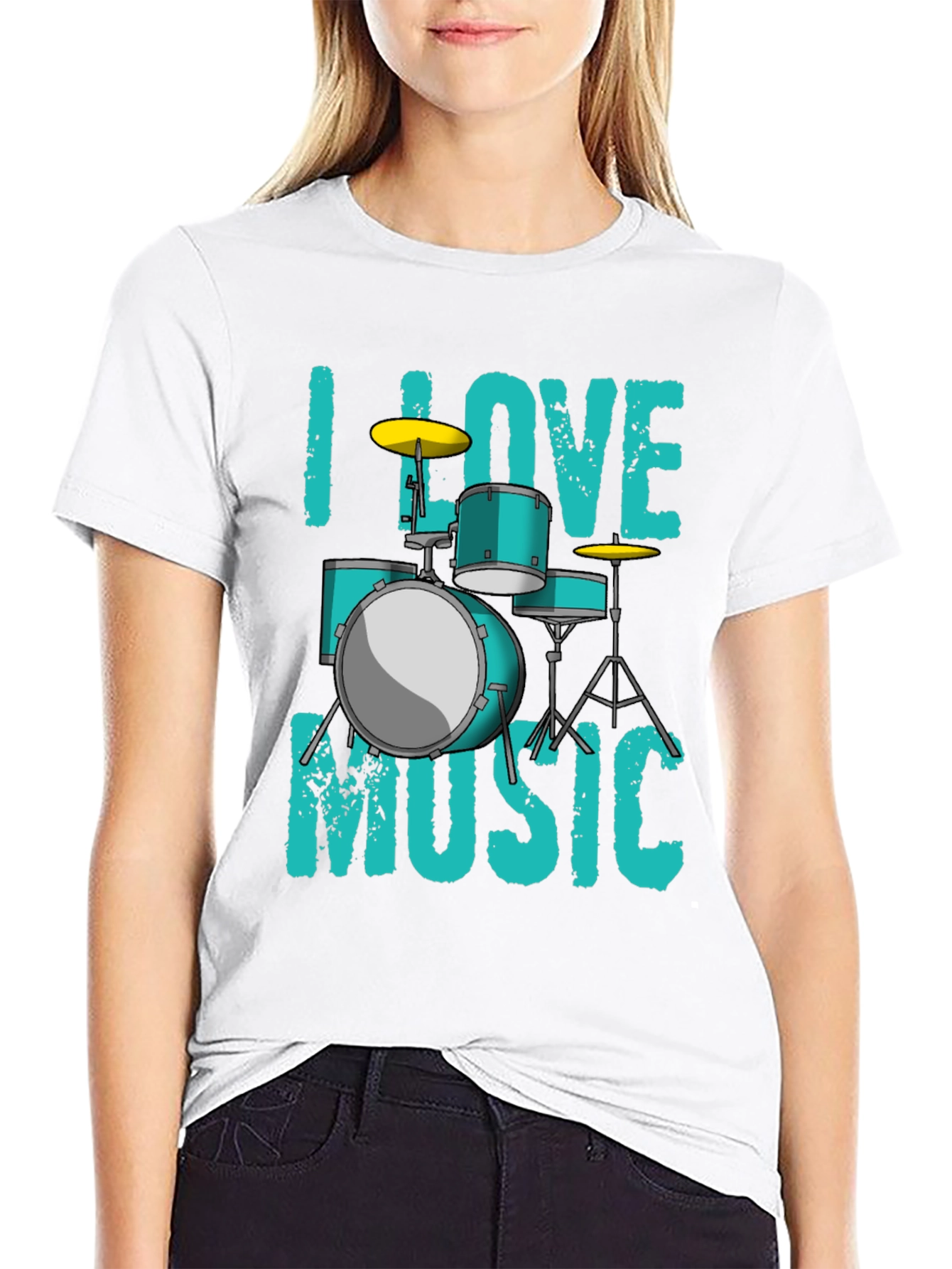 Black I Love Music Drum Set Graphic T-Shirt view 9