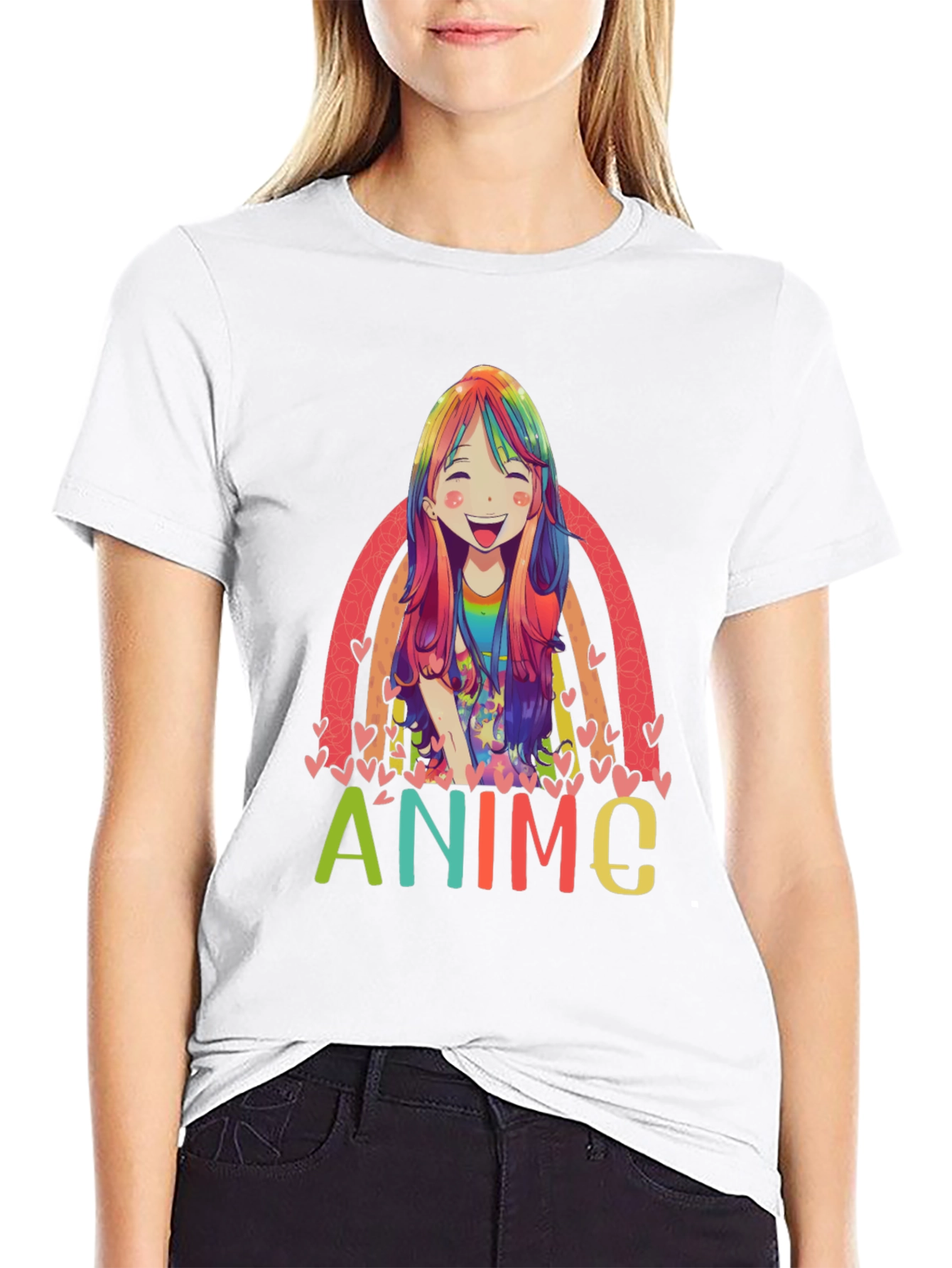 Black Anime Rainbow Graphic Tee - Colorful Manga Style view 9