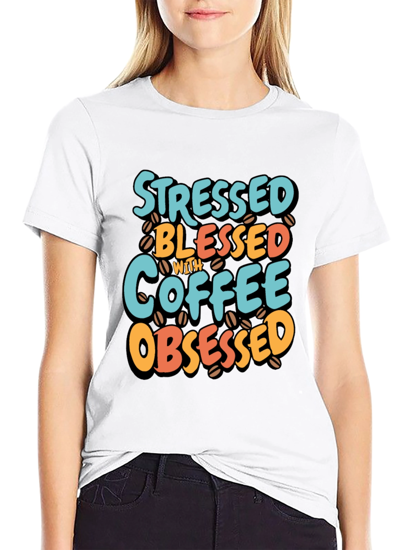 Black Stressed Blessed Coffee Obsessed T-Shirt view 9
