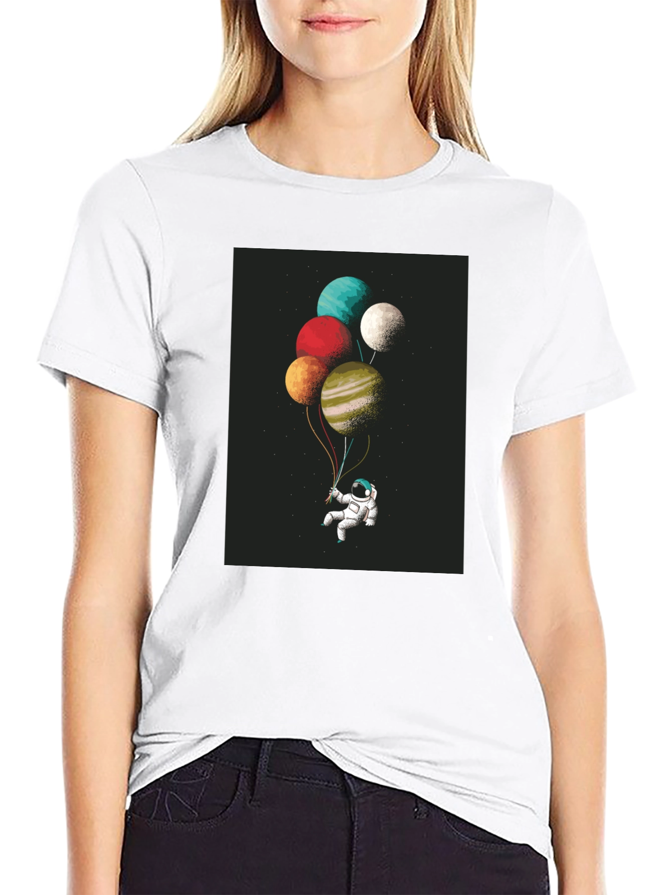 Black Astronaut Planet Balloons Graphic Tee - Black Cotton Blend view 9