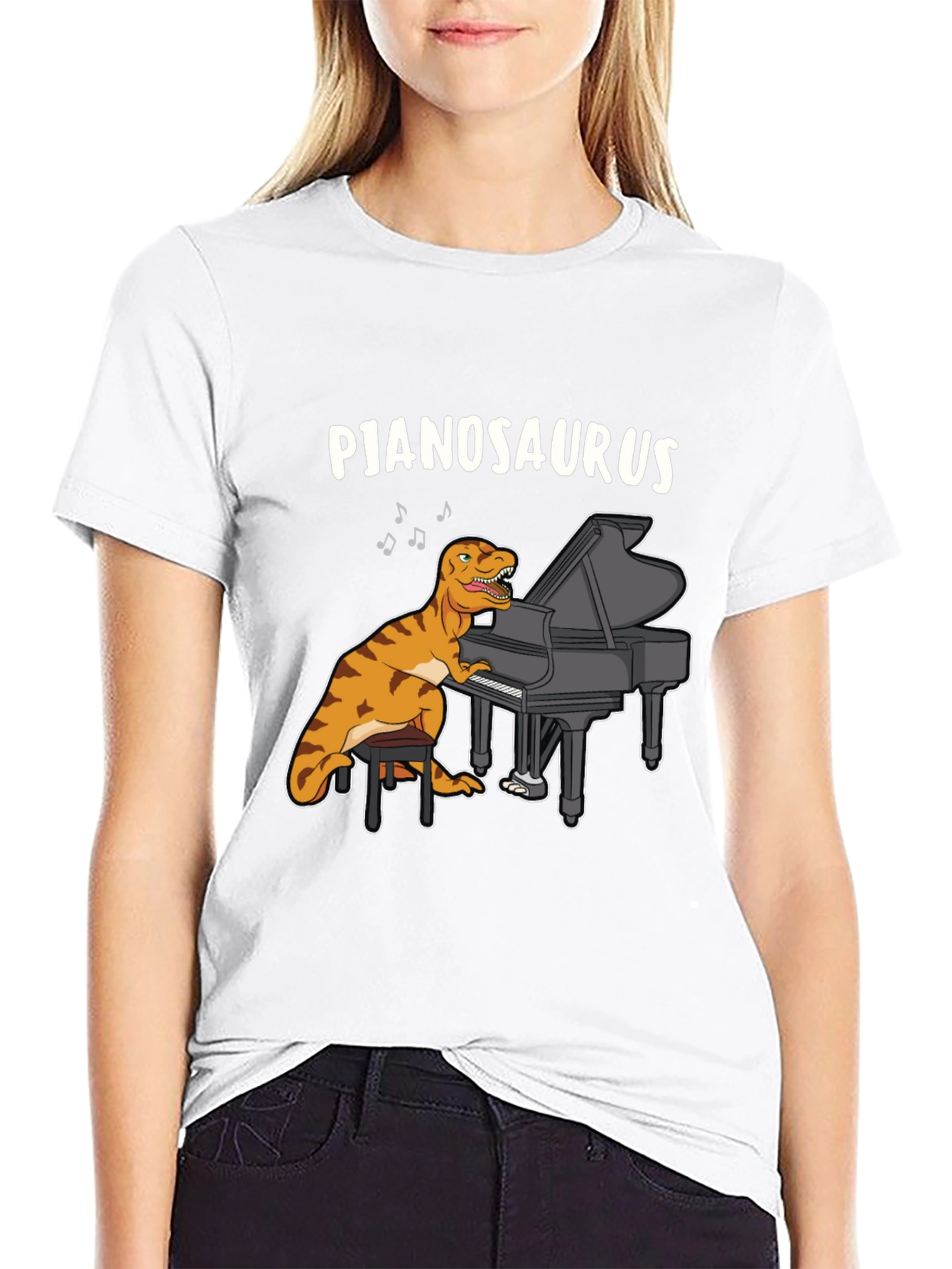 Black Pjanosaurus T-Shirt - Dinosaur Playing Piano Funny Tee view 9