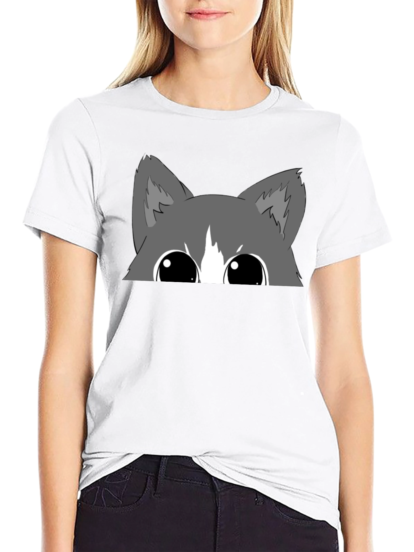 Black Peek-a-Boo Cat Graphic Tee - Black Cotton Blend view 9