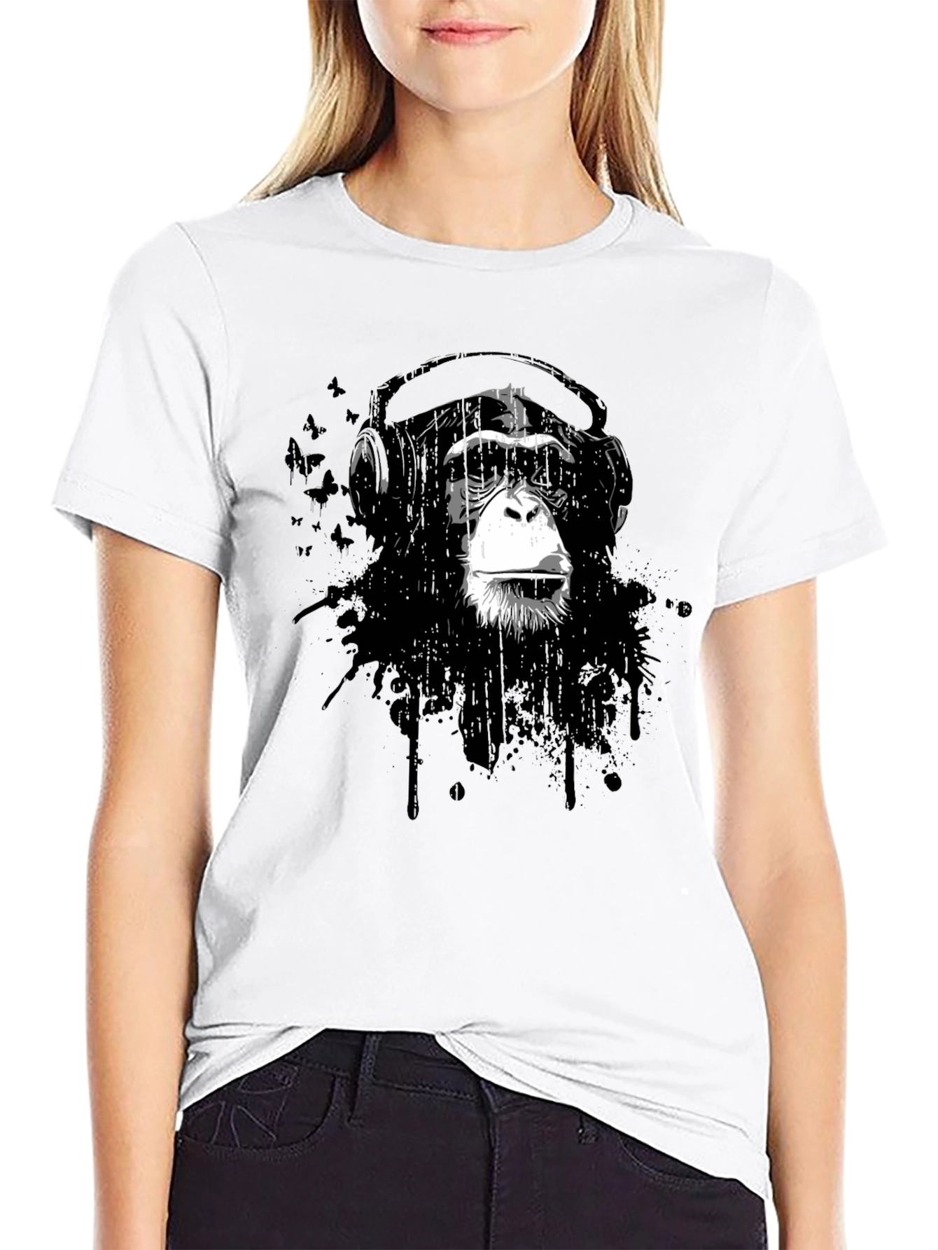 Black Cool Monkey Headphone Graphic T-Shirt view 9