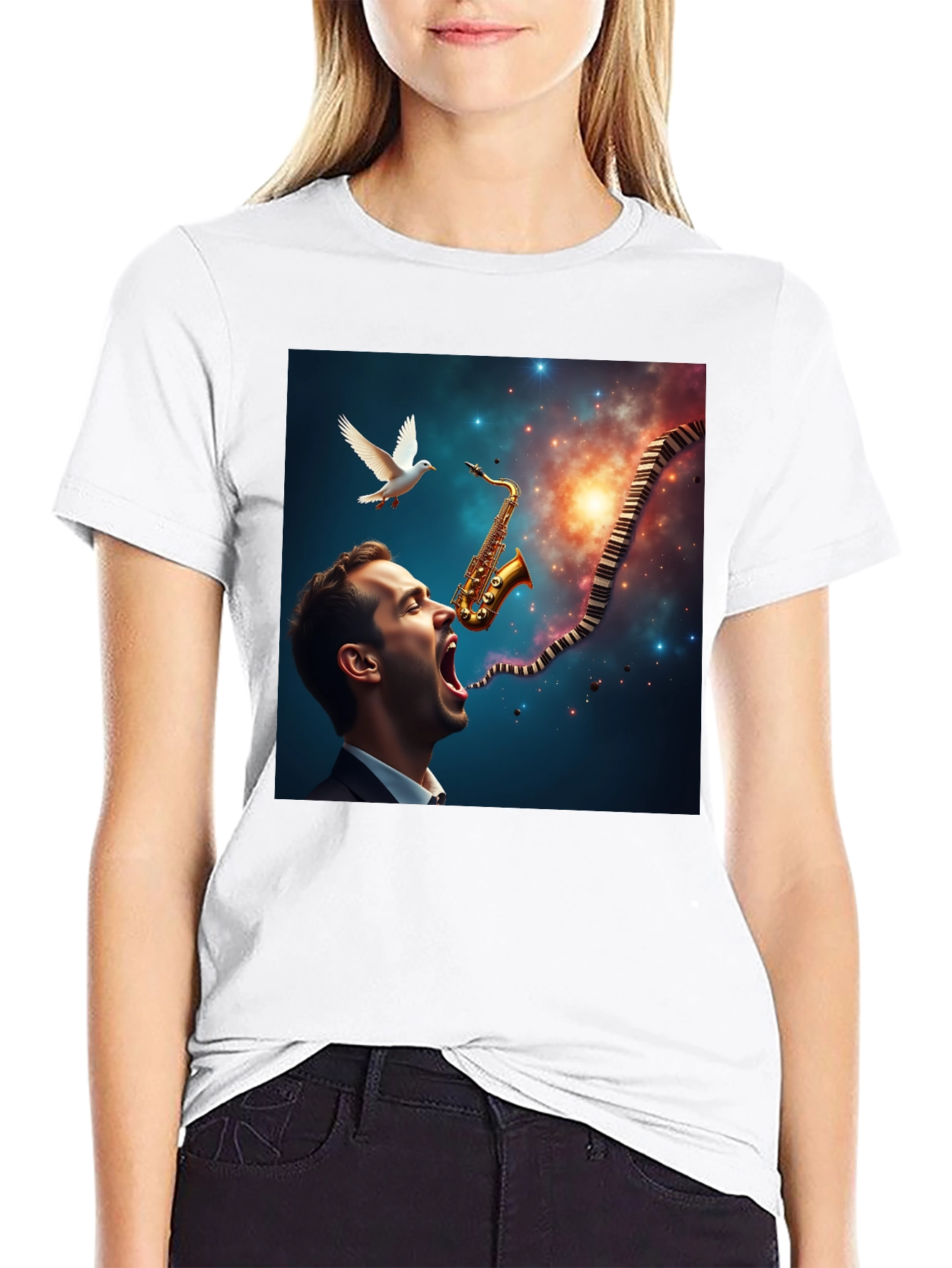 Black Jazz Harmony T-Shirt: Saxophone & Piano Keys Design view 9
