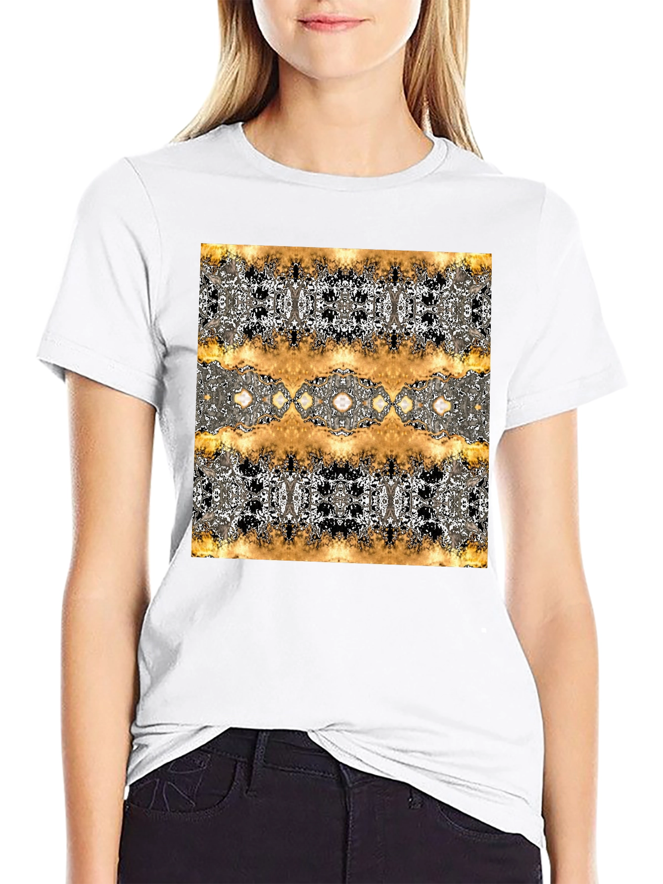 Black Abstract Gold & Black Patterned T-Shirt view 9