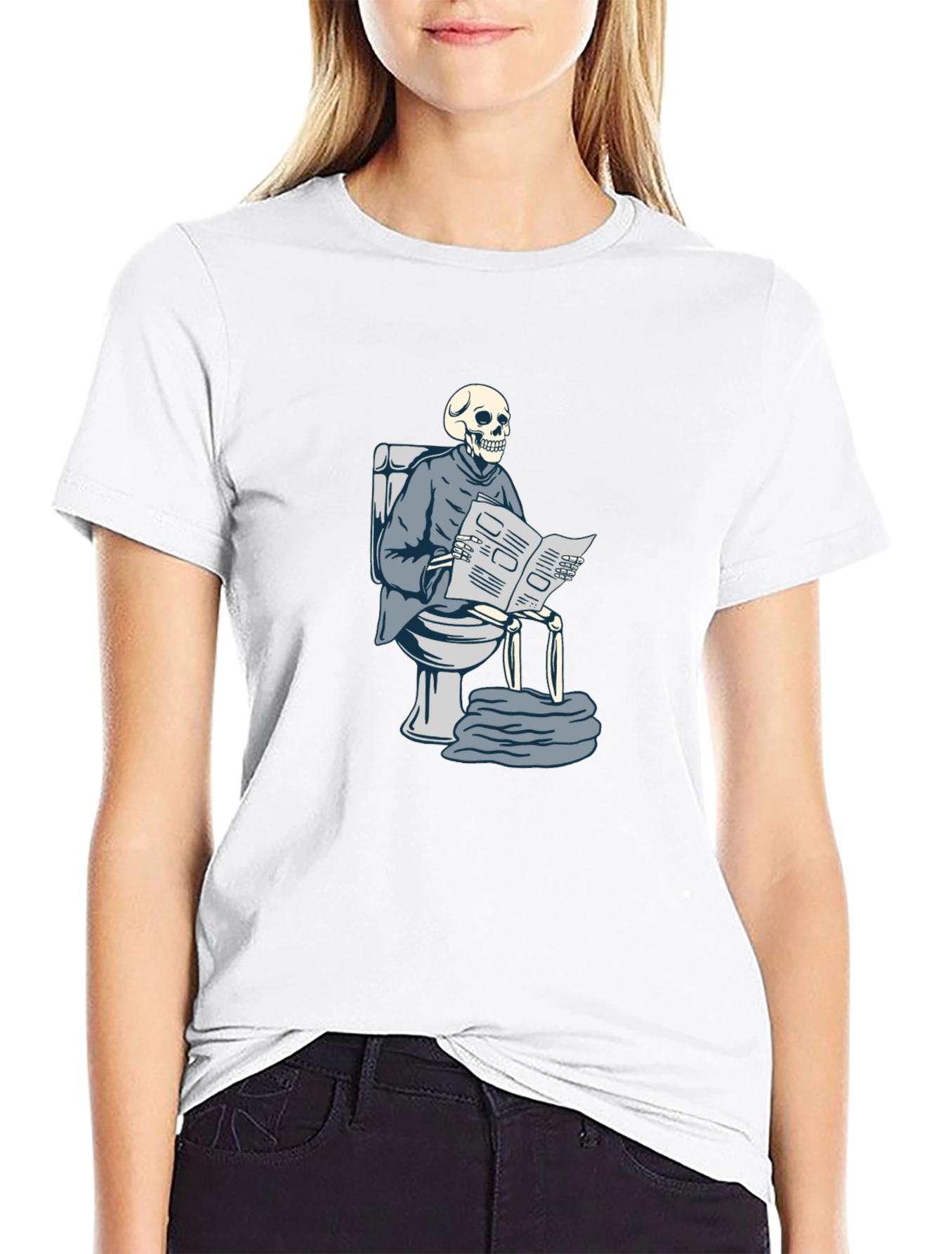 Black Skeleton on Toilet Reading T-Shirt view 9