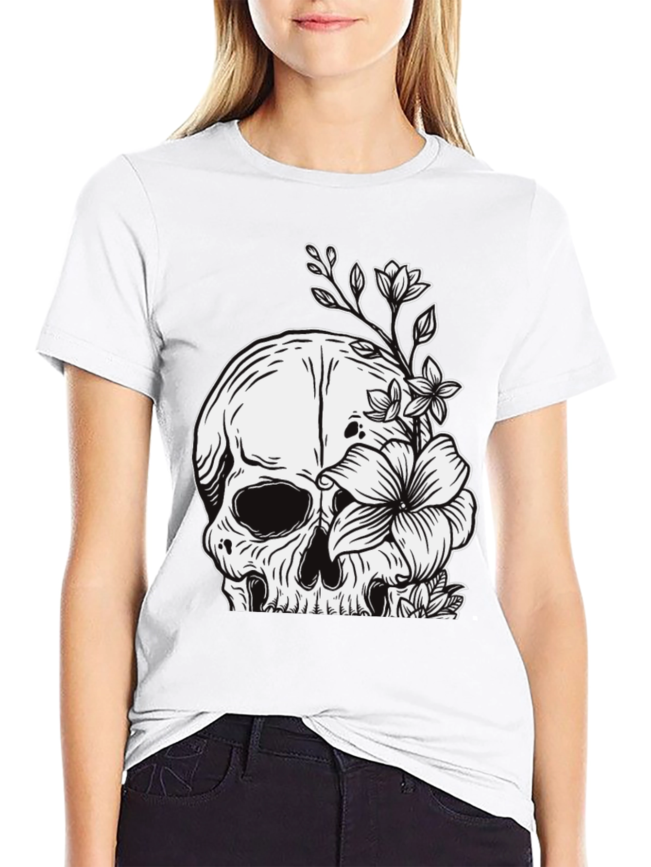 Black Skull & Flowers Graphic Tee - Black view 9