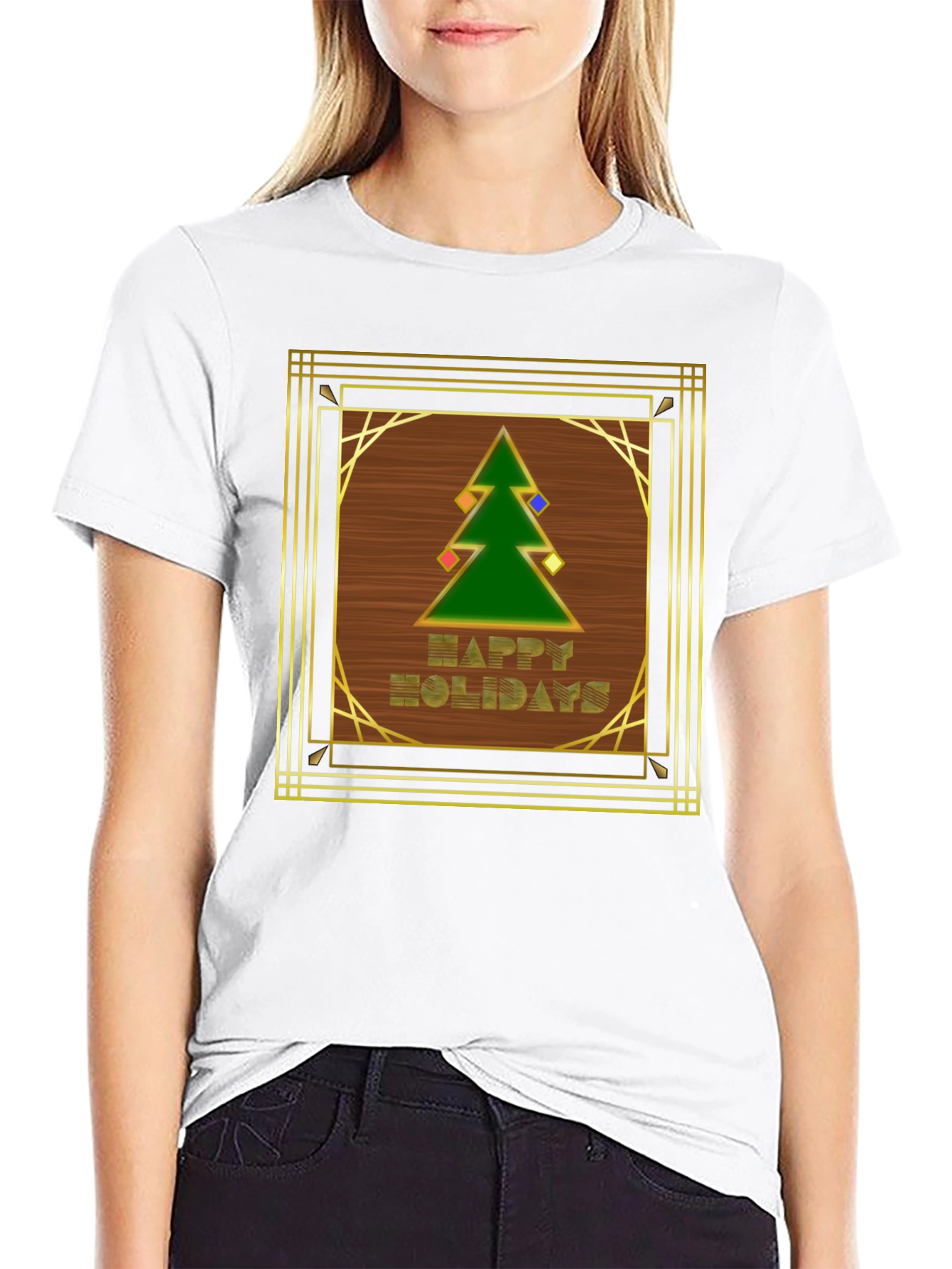 Black Art Deco Holiday T-Shirt - Happy Holidays Tree Design view 9