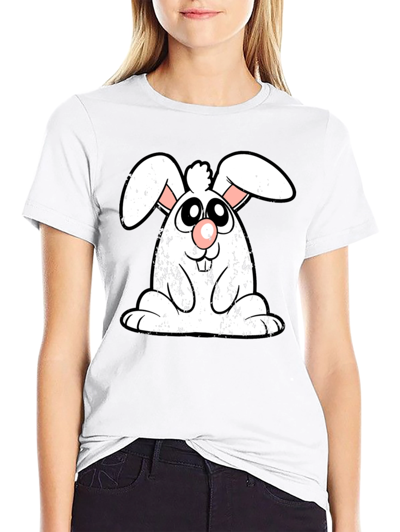 Black Cute Cartoon Bunny Graphic Print Black T-Shirt view 9