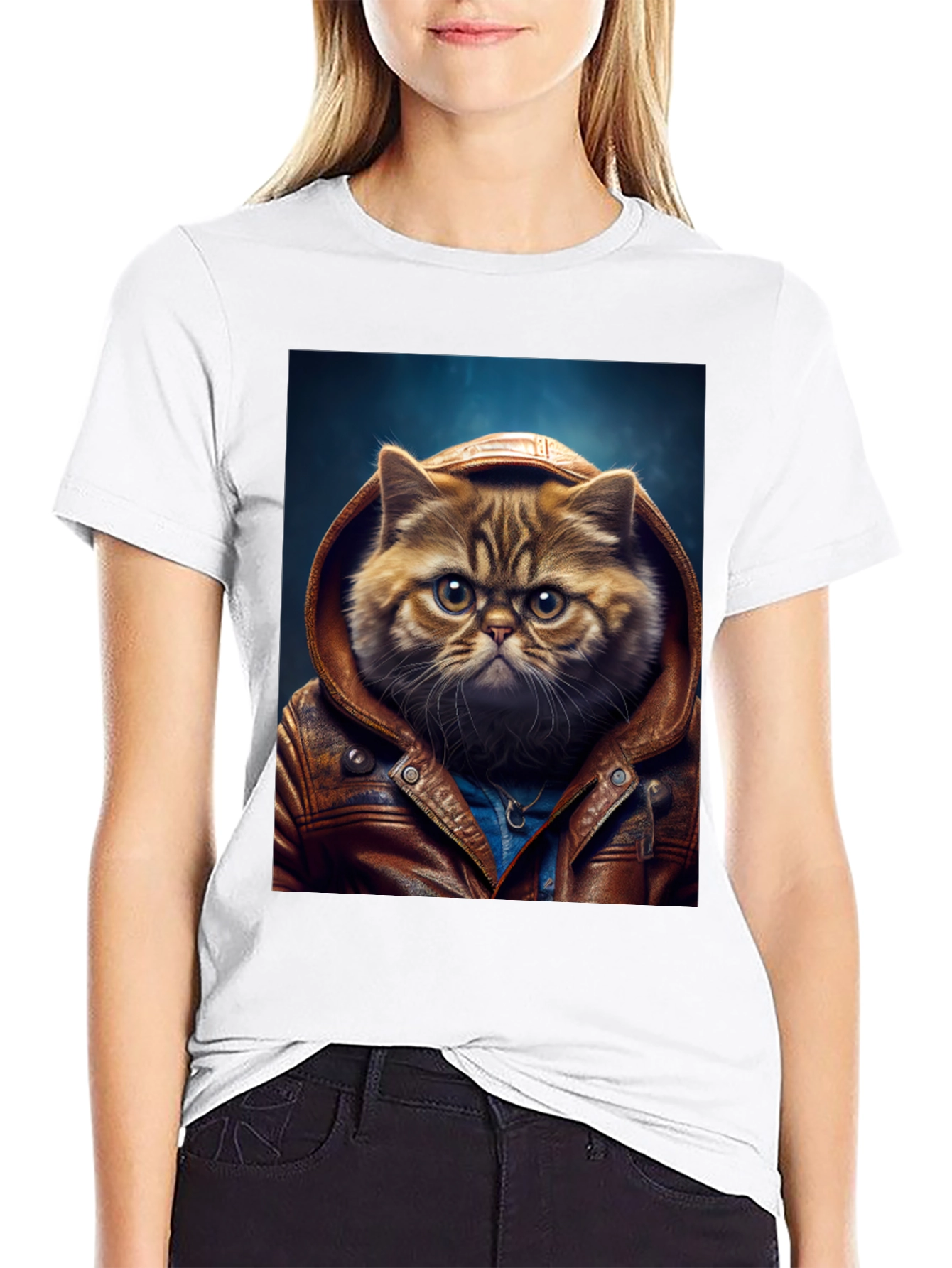 Black Cat in Leather Jacket Graphic T-Shirt view 9