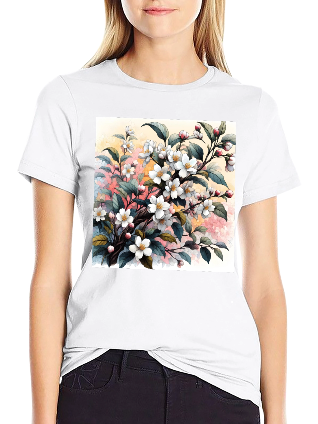 Black Floral Blossom T-Shirt - Artistic Botanical Design view 9