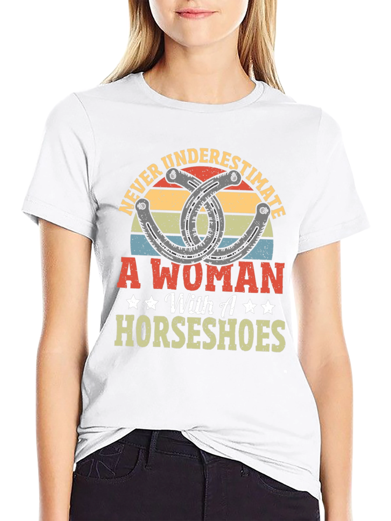 Black Never Underestimate A Woman with Horseshoes Graphic Tee view 9