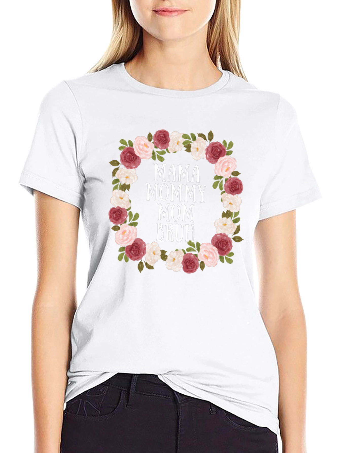 Black Mama Mommy Mom Bruh Floral Wreath T-Shirt view 9