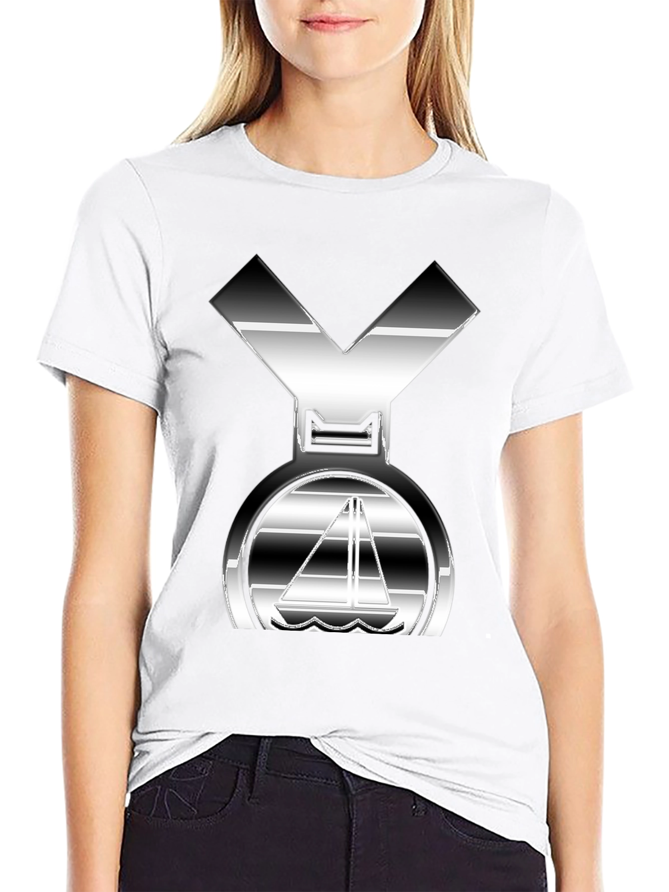 Black Sleek Silver Boat Graphic Black T-Shirt view 9