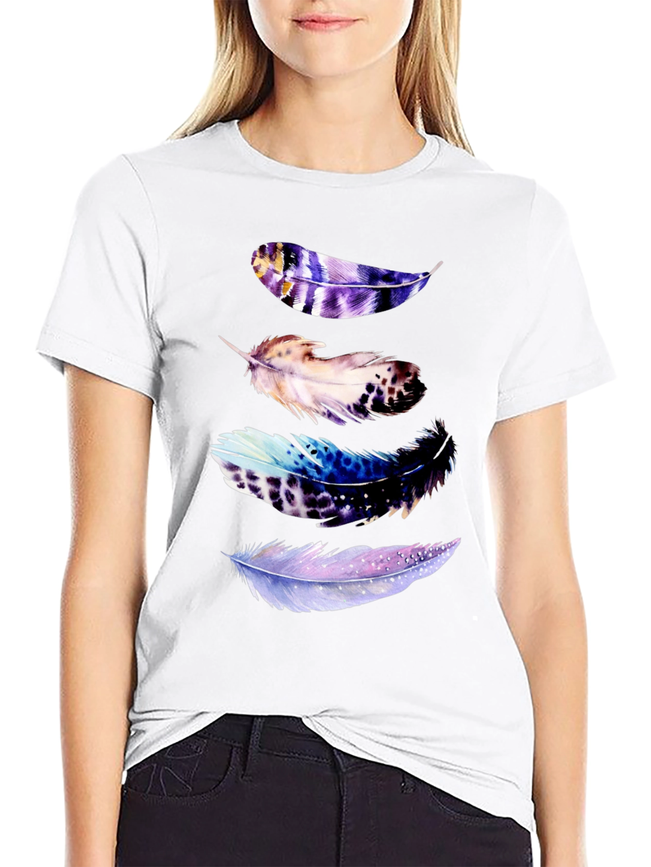 Black Feather Print Black T-Shirt view 9