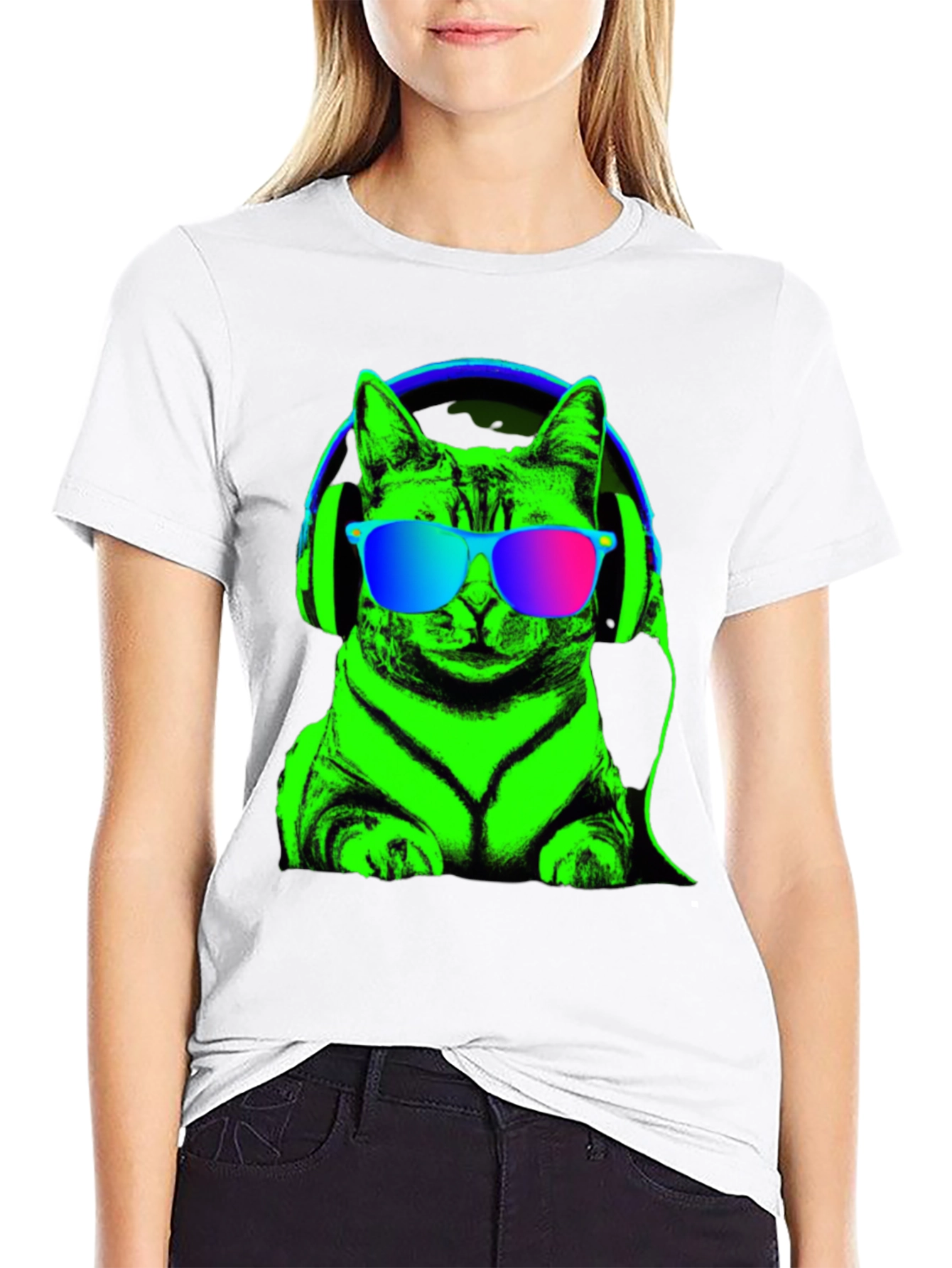 Black Cool Cat Tee: Neon Cat with Headphones T-Shirt view 9