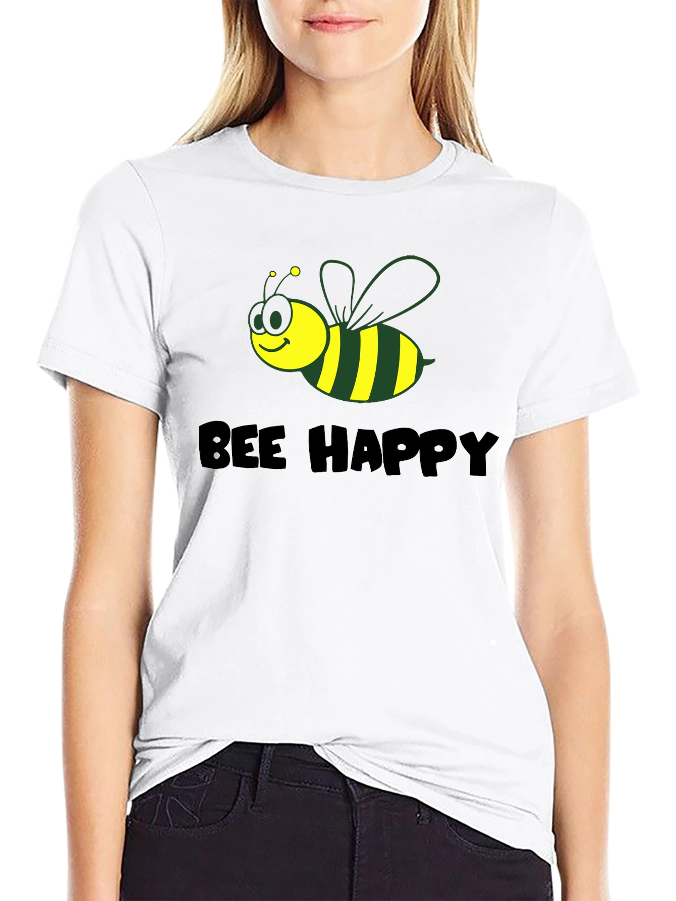 Black Bee Happy Graphic Tee - Black Cotton Comfort view 9