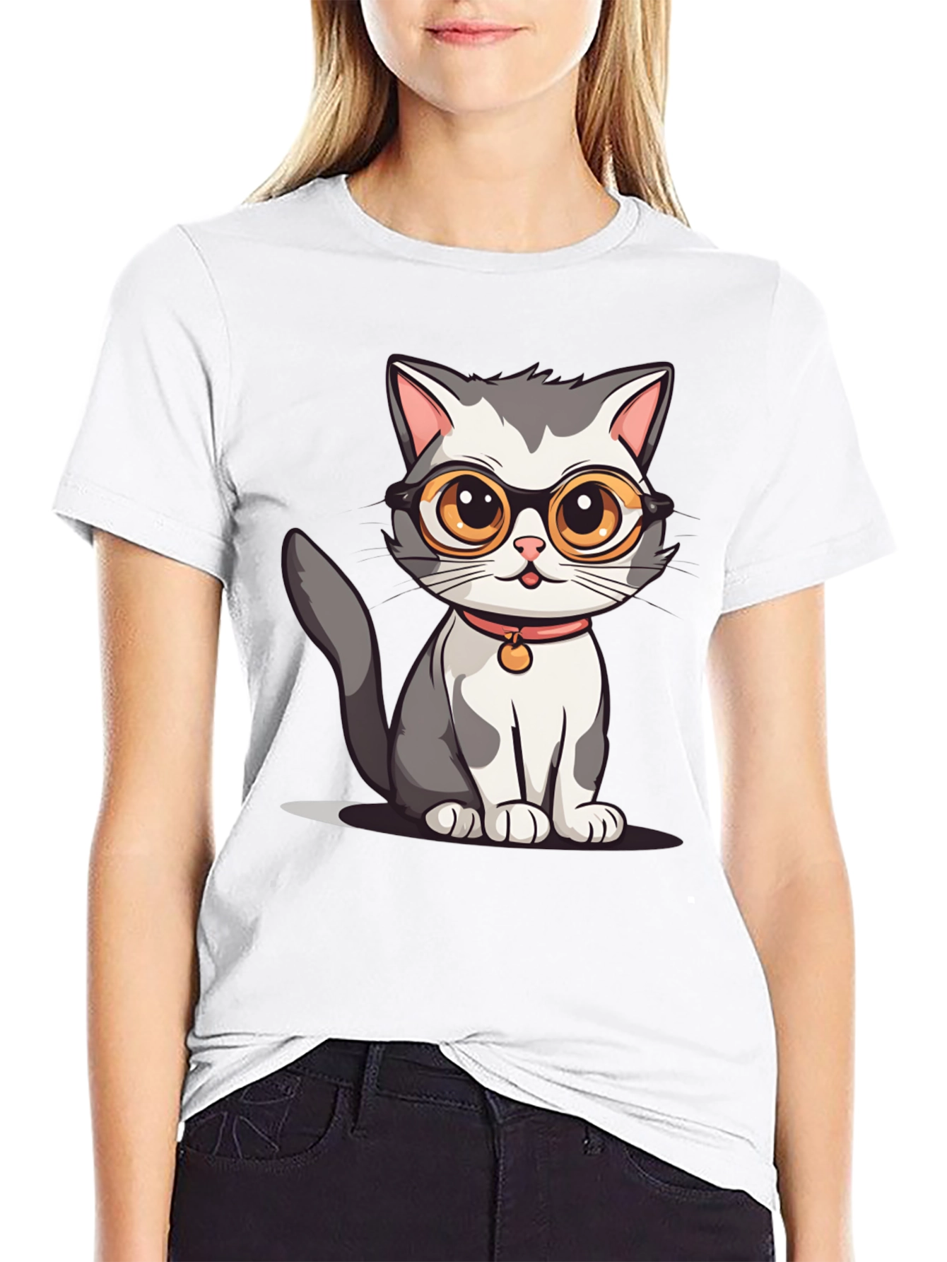 Black Cat with Glasses Graphic T-Shirt view 9