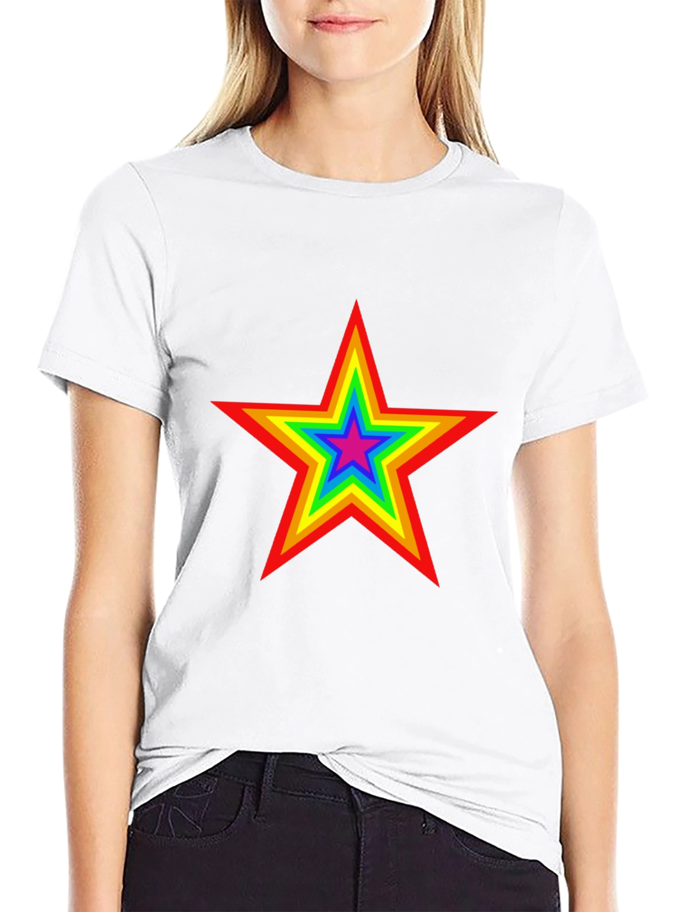 Black Rainbow Star Graphic Tee - Black Cotton T-Shirt view 9