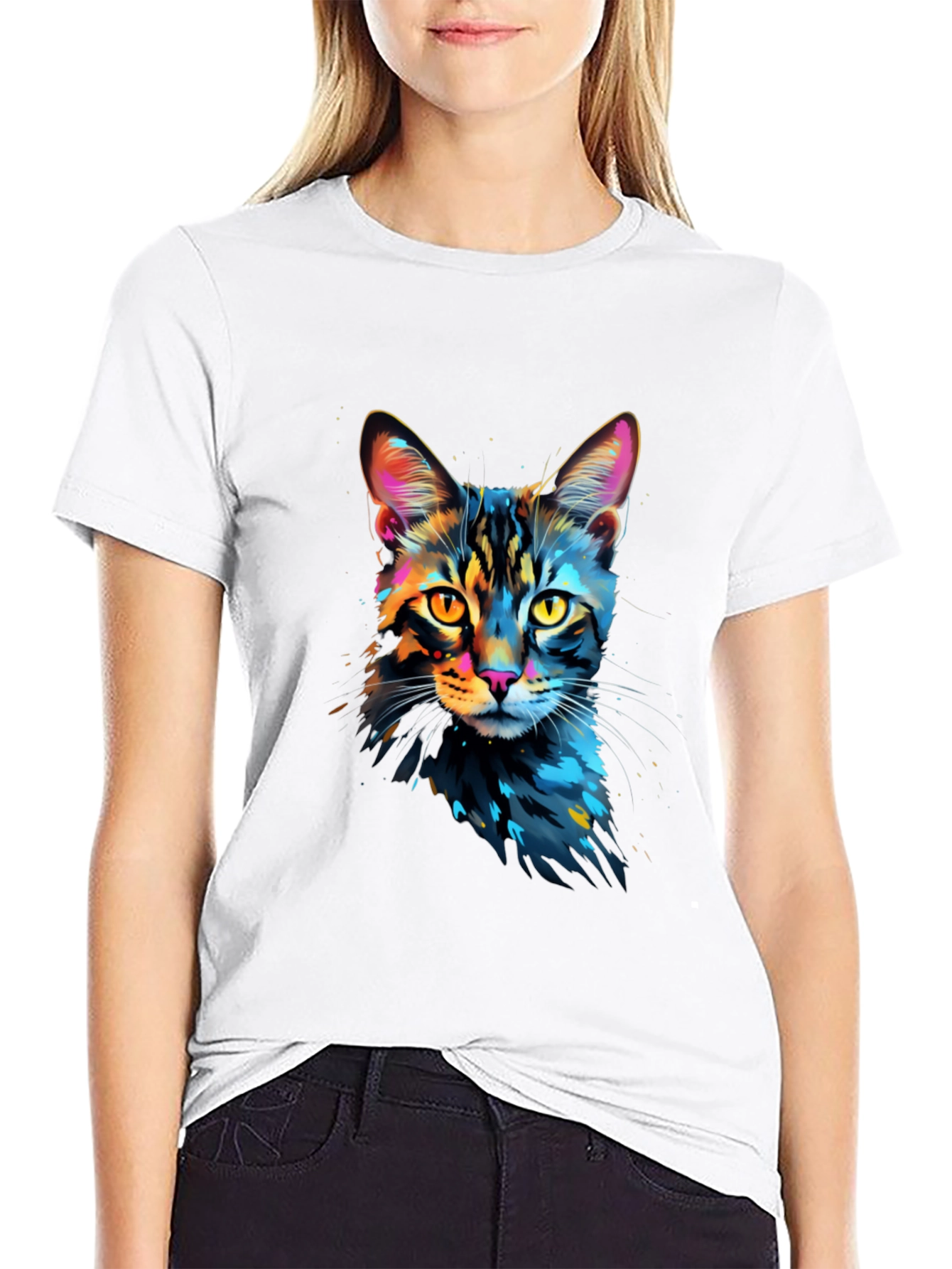 Black Colorful Cat Graphic Black T-Shirt view 9