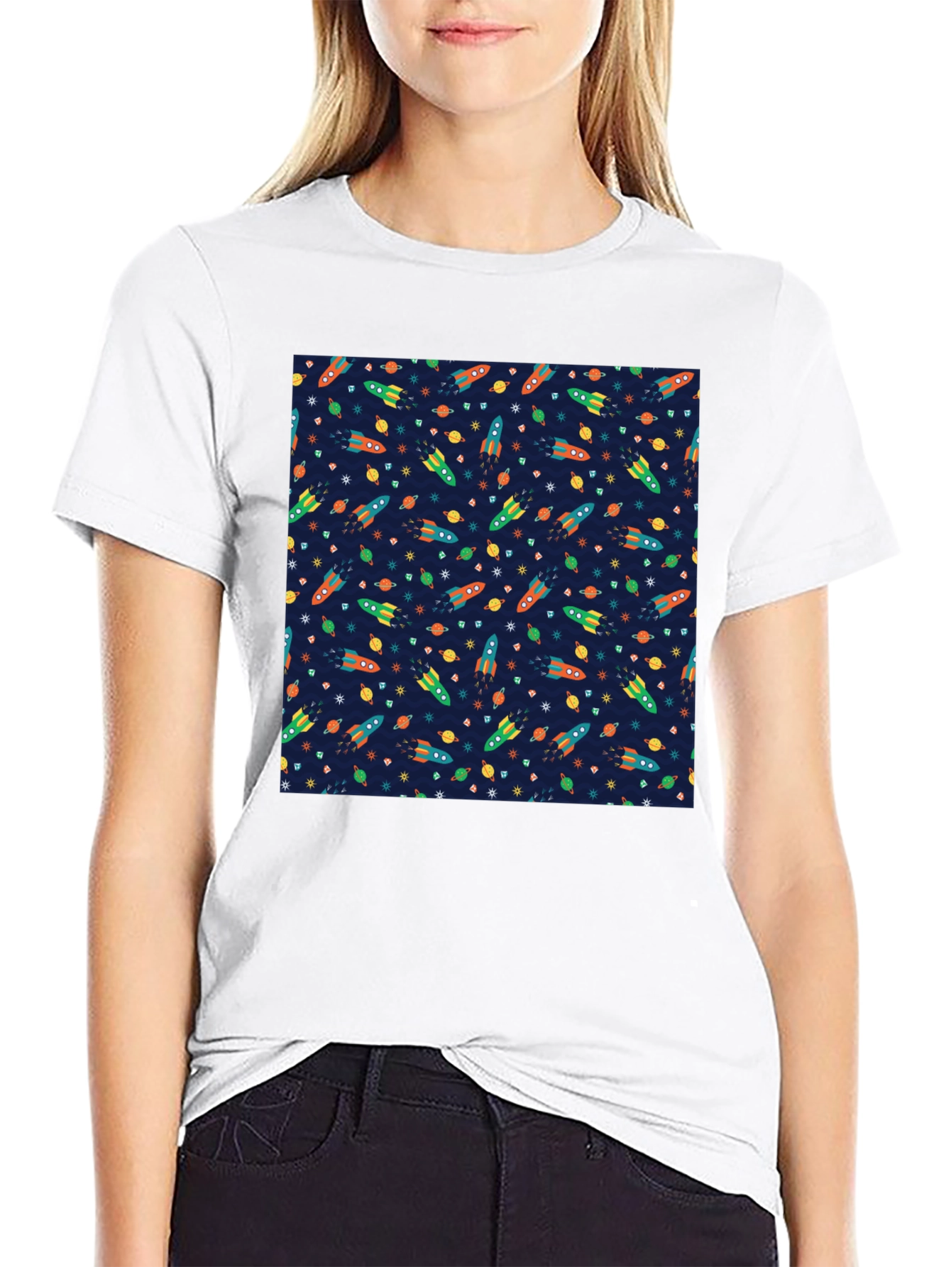 Black Space Rocket Pattern T-Shirt view 9