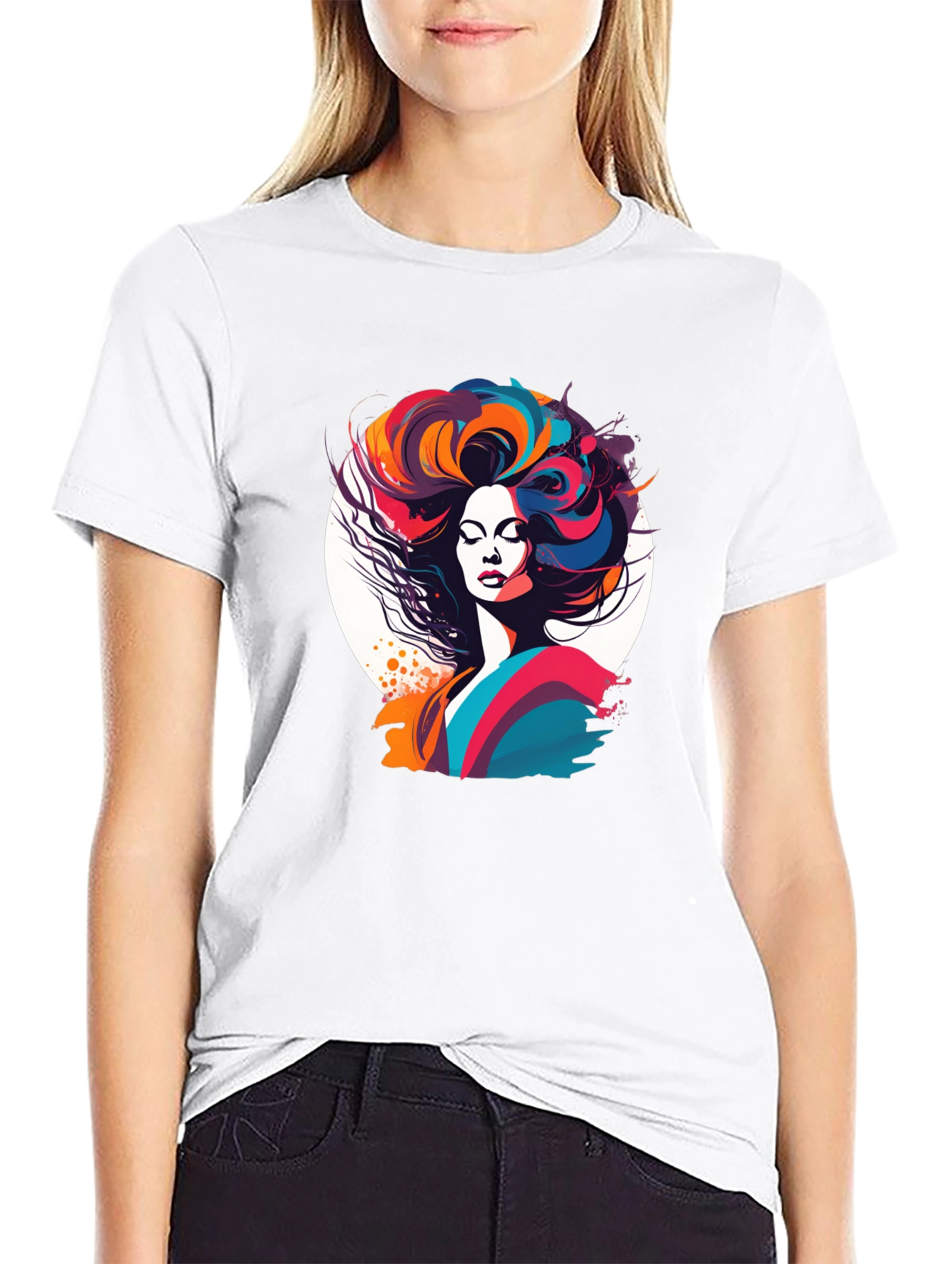 Black Retro Woman Graphic Tee - Colorful Art Shirt view 9