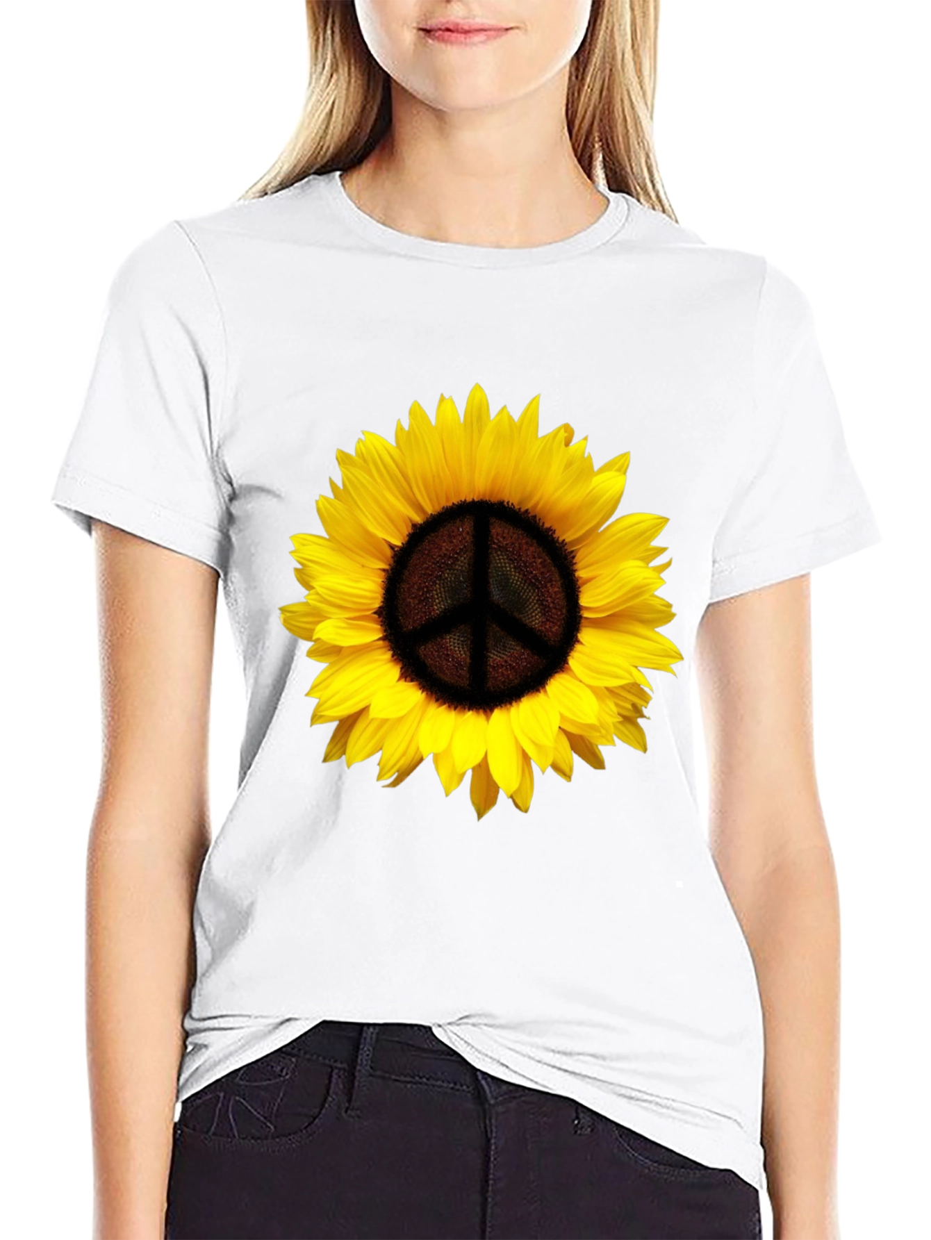 Black Sunflower Peace Sign Graphic T-Shirt - Black view 9