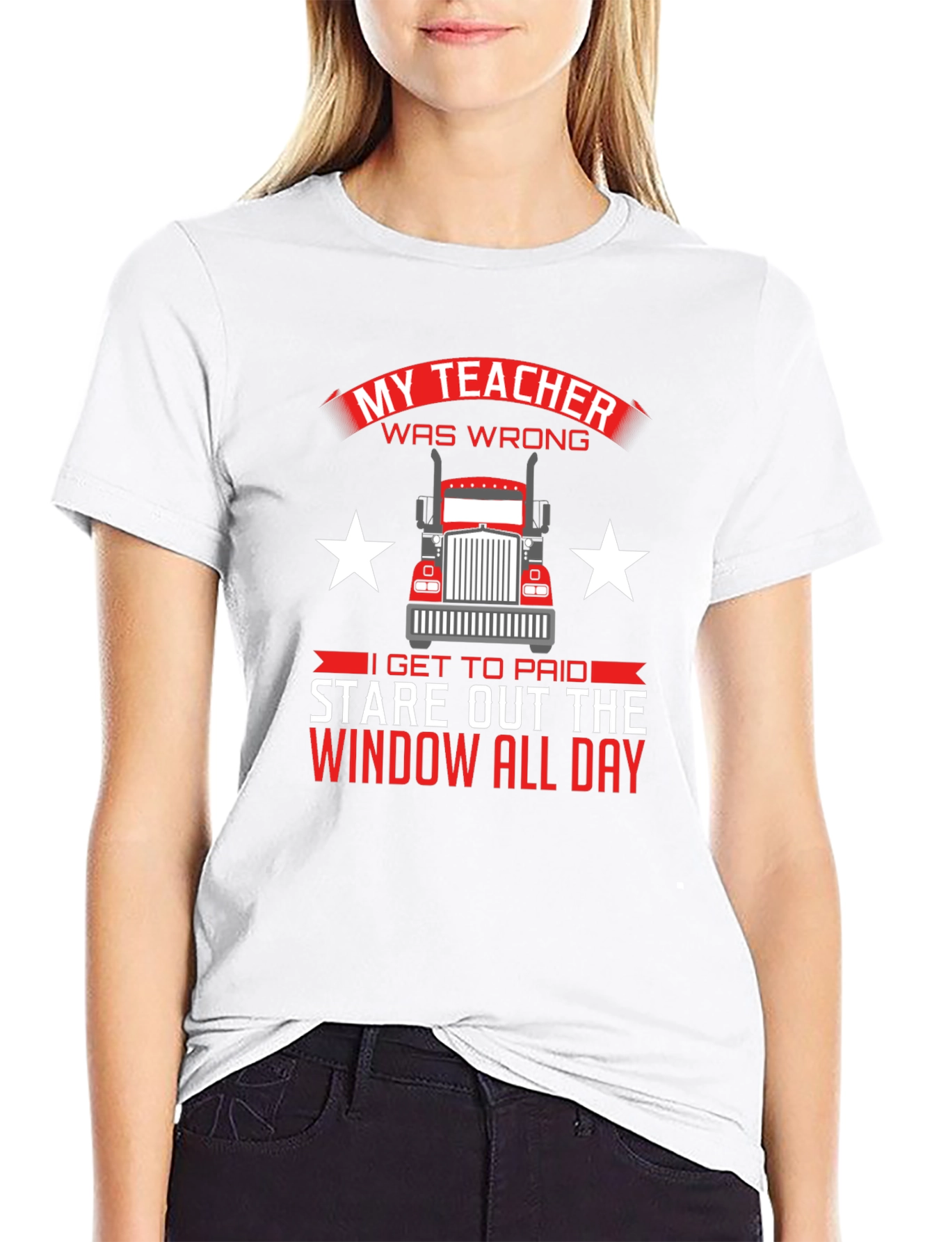 Black Trucker T-Shirt: My Teacher Was Wrong Stare Out Window All Day view 9