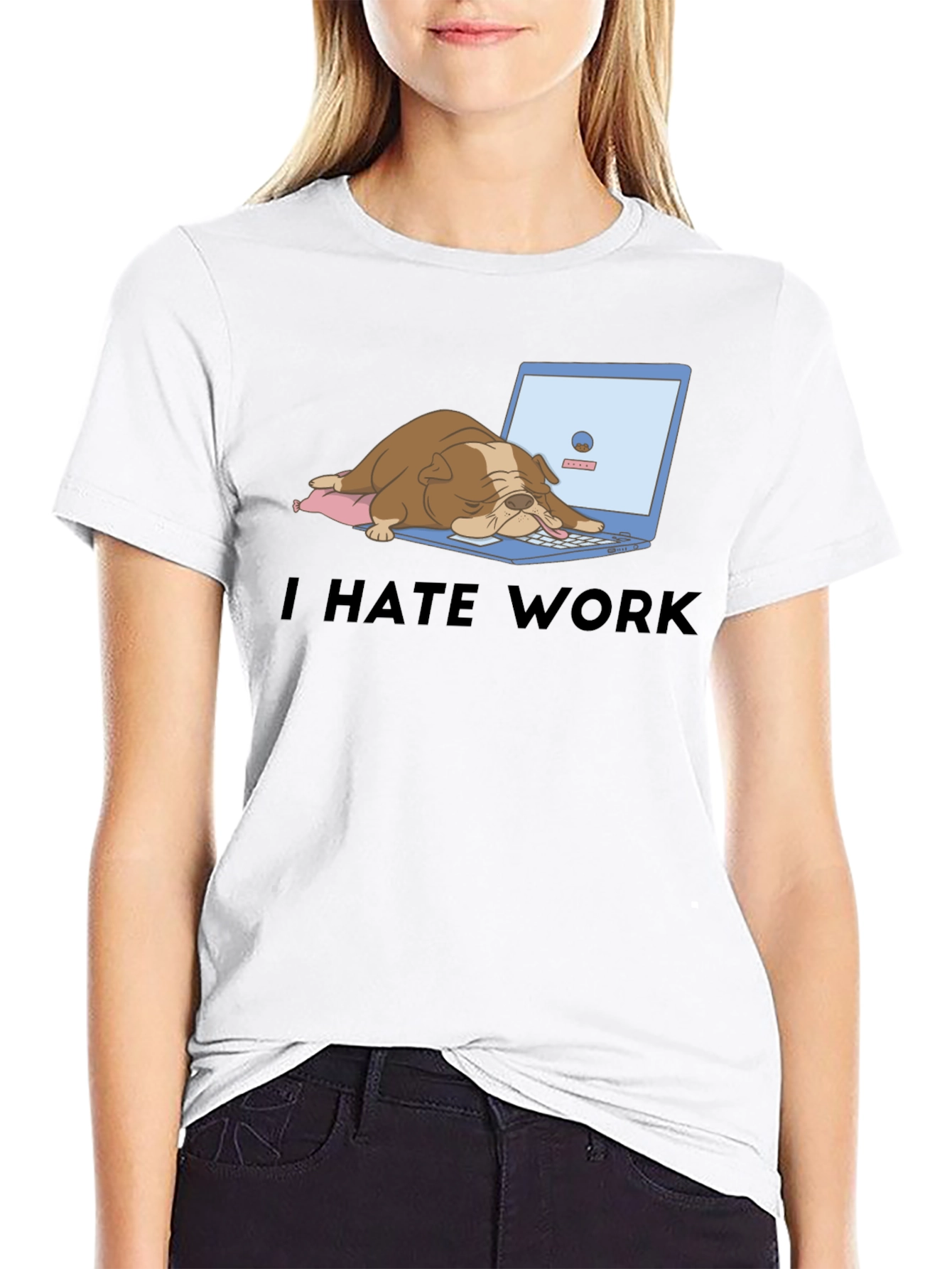 Black I Hate Work T-Shirt - Bulldog Laptop Graphic Tee view 9