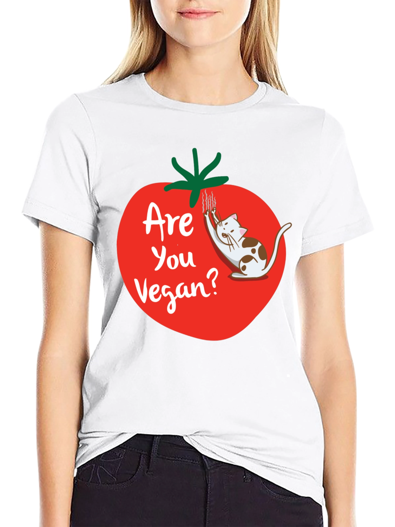 Black Funny Vegan T-Shirt - Cat and Tomato Design view 9