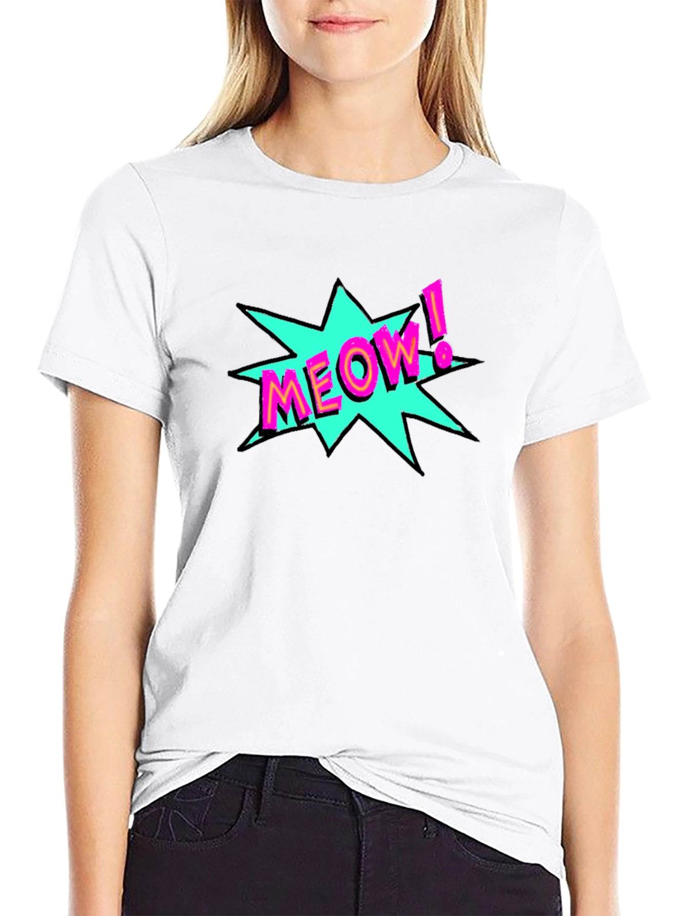 Black Meow! Pop Art Graphic Print Black T-Shirt view 9