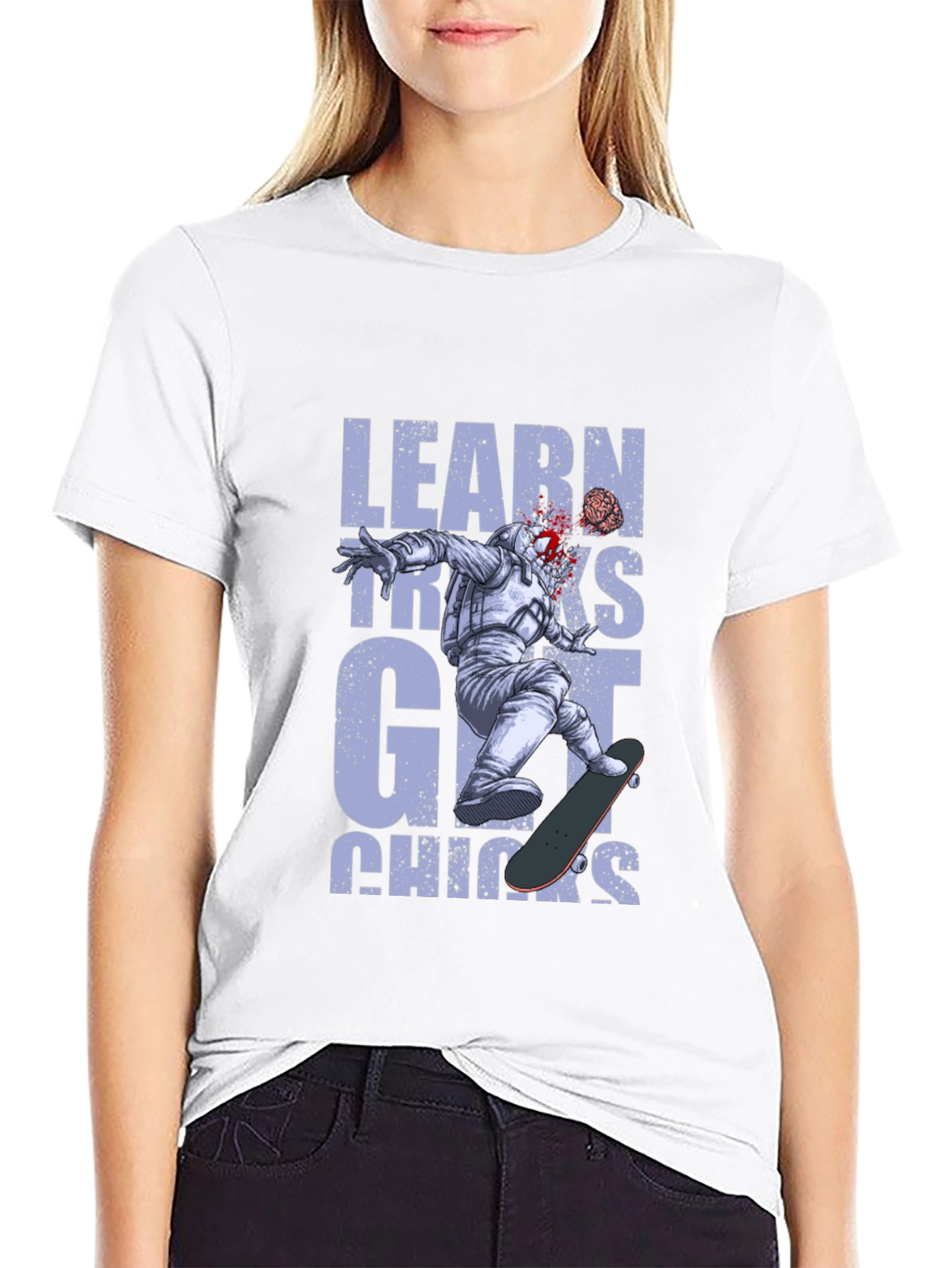 Black Learn Tricks Get Chicks Graphic Tee - Astronaut Skateboard view 9