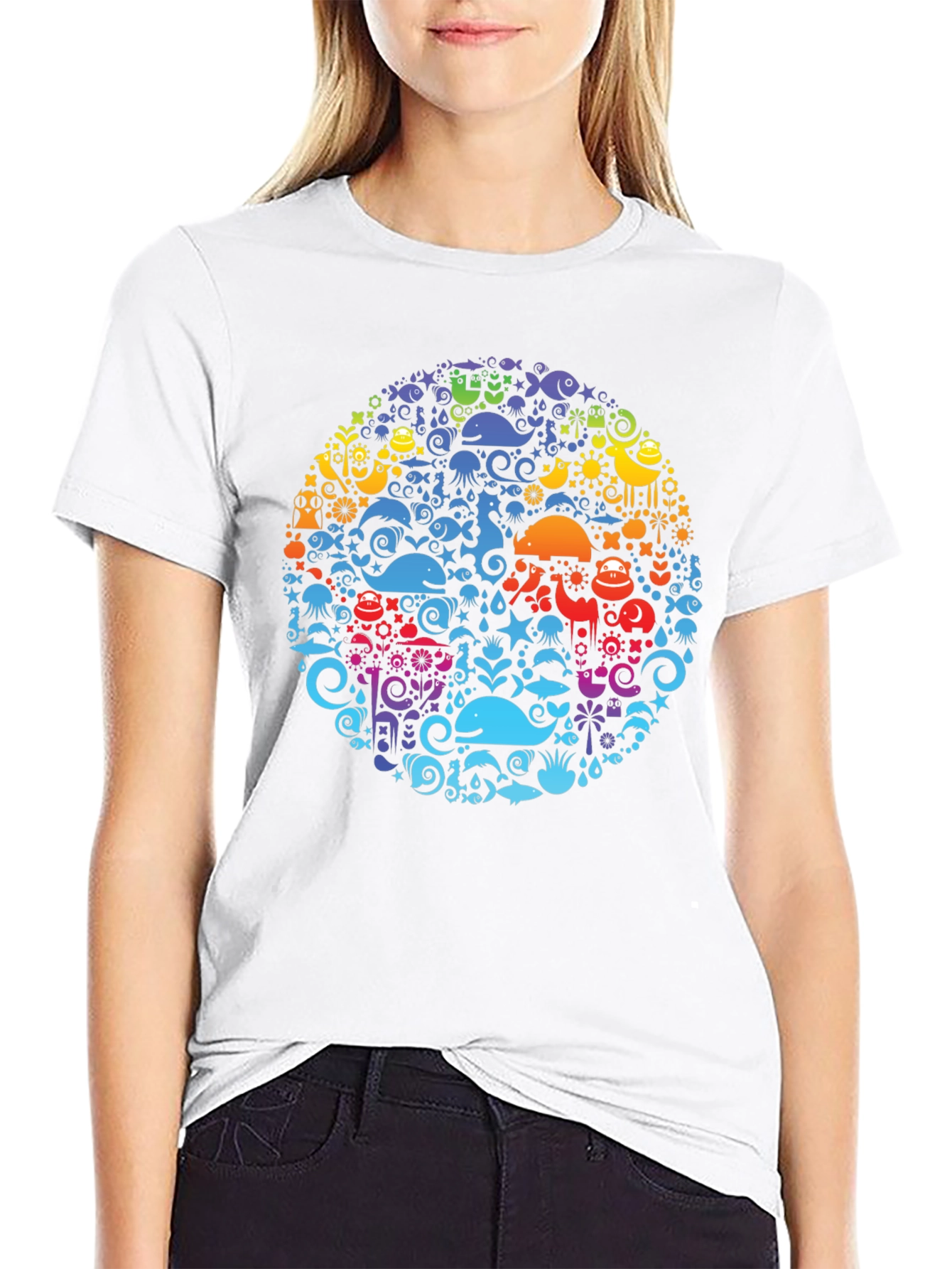Black Tee with Colorful Aquatic Circle Design - 9