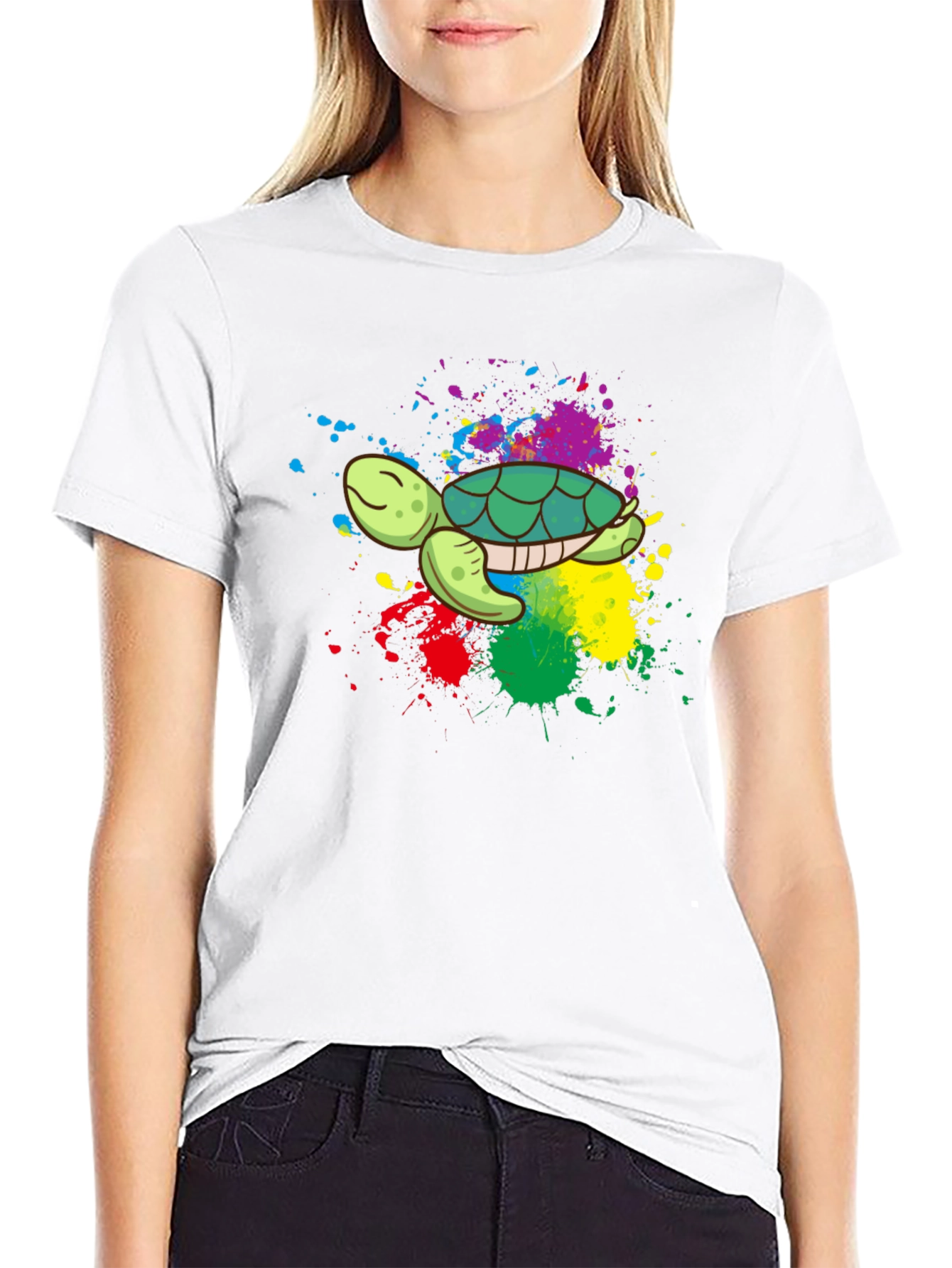 Black Colorful Turtle Graphic Tee - Black Cotton Blend view 9