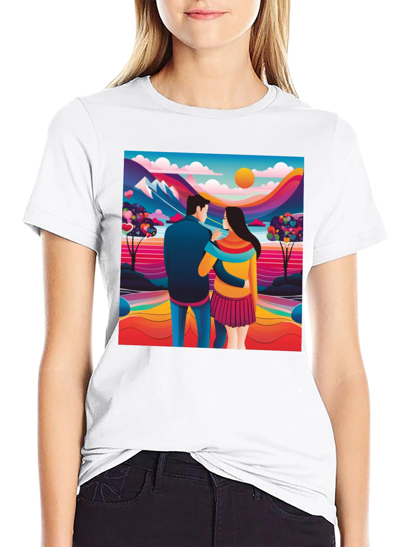 Black Couple's Colorful Landscape Tee view 9