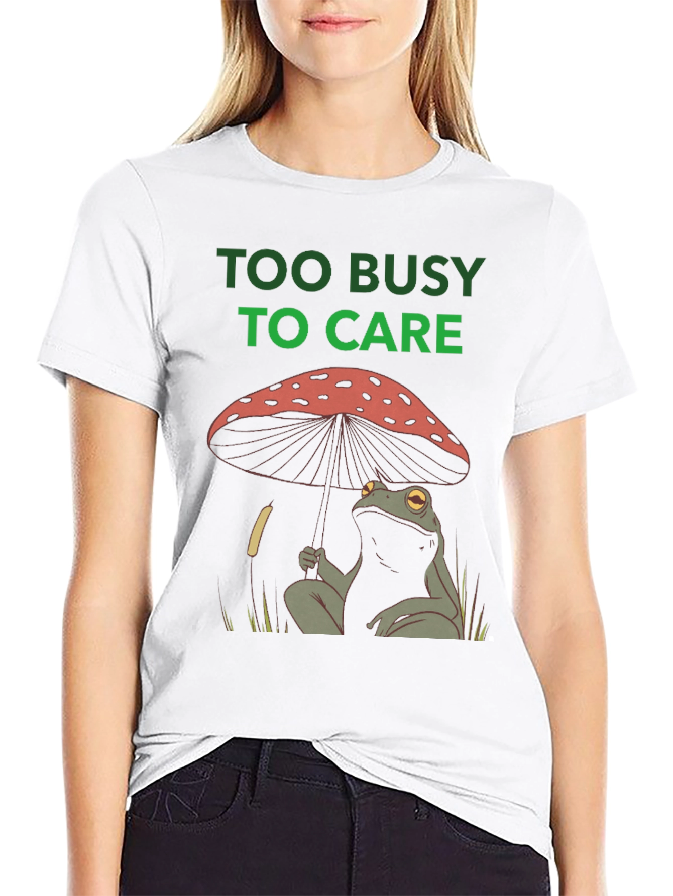 Black Too Busy to Care Frog Mushroom Graphic Tee view 9