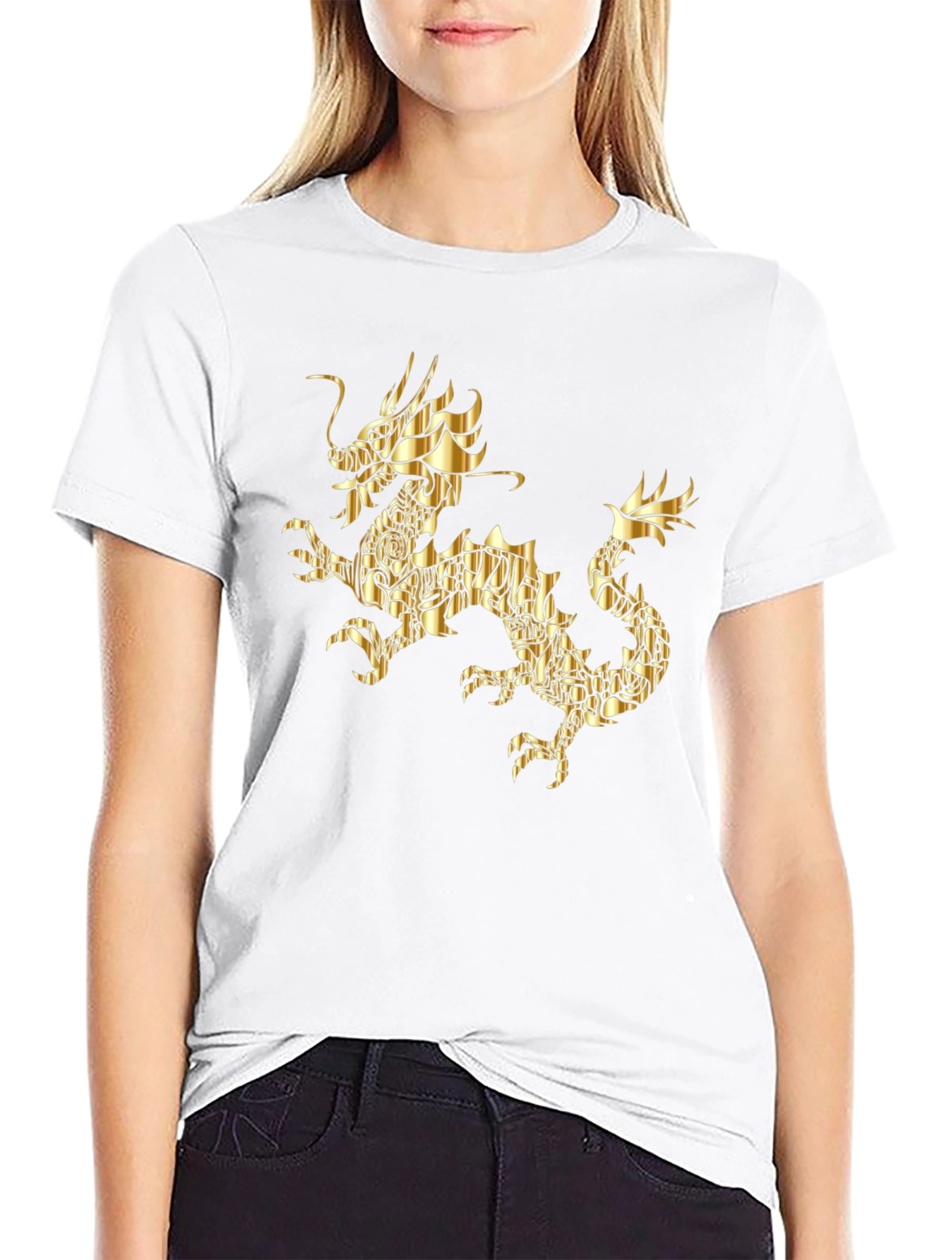 Black Golden Dragon Graphic Print Black T-Shirt view 9