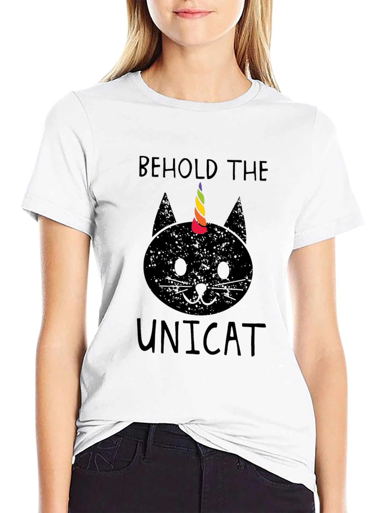Black Behold the Unicat T-Shirt - Black Cotton Blend view 9