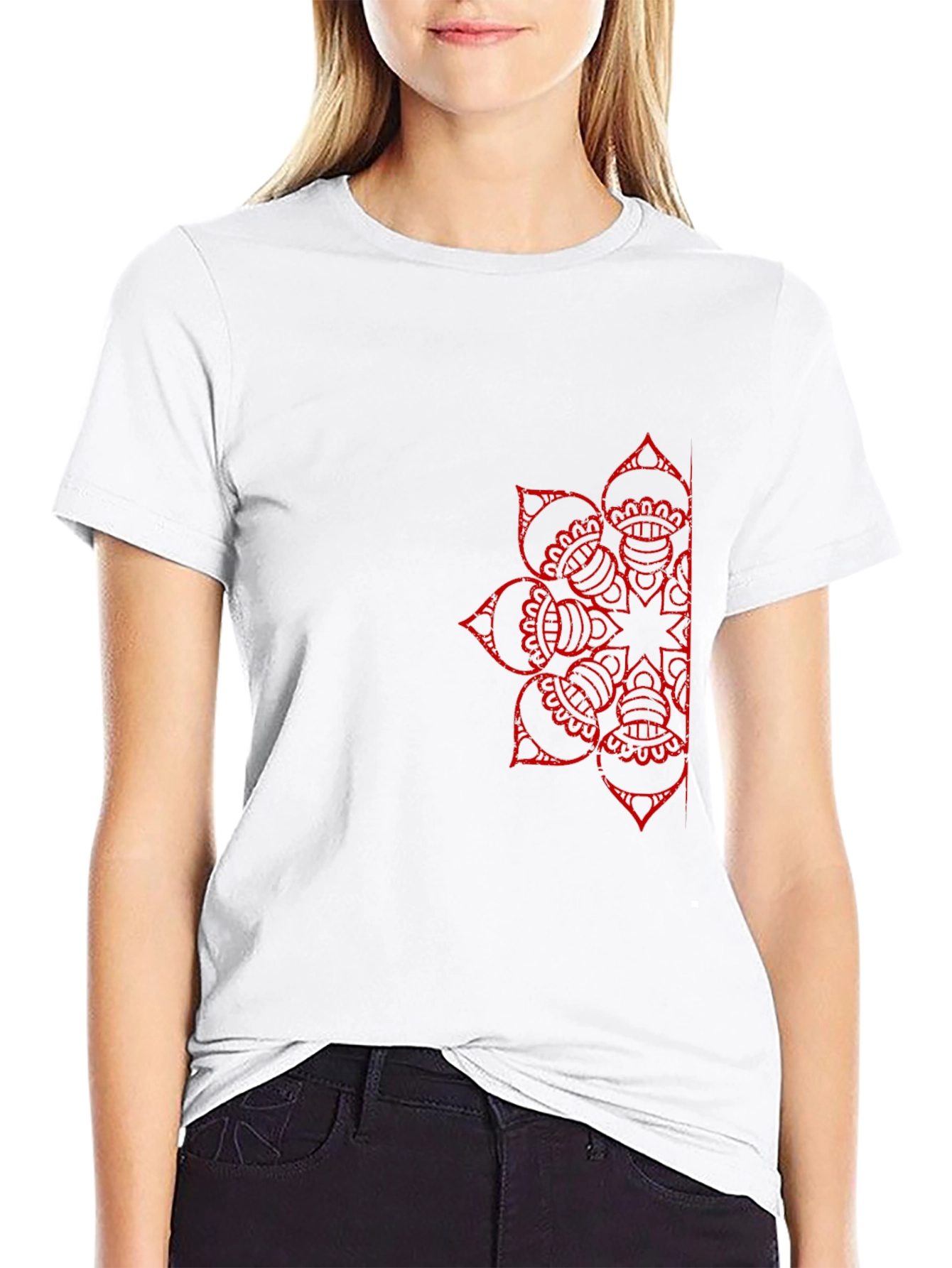 Black T-Shirt with Red Mandala Design - 9