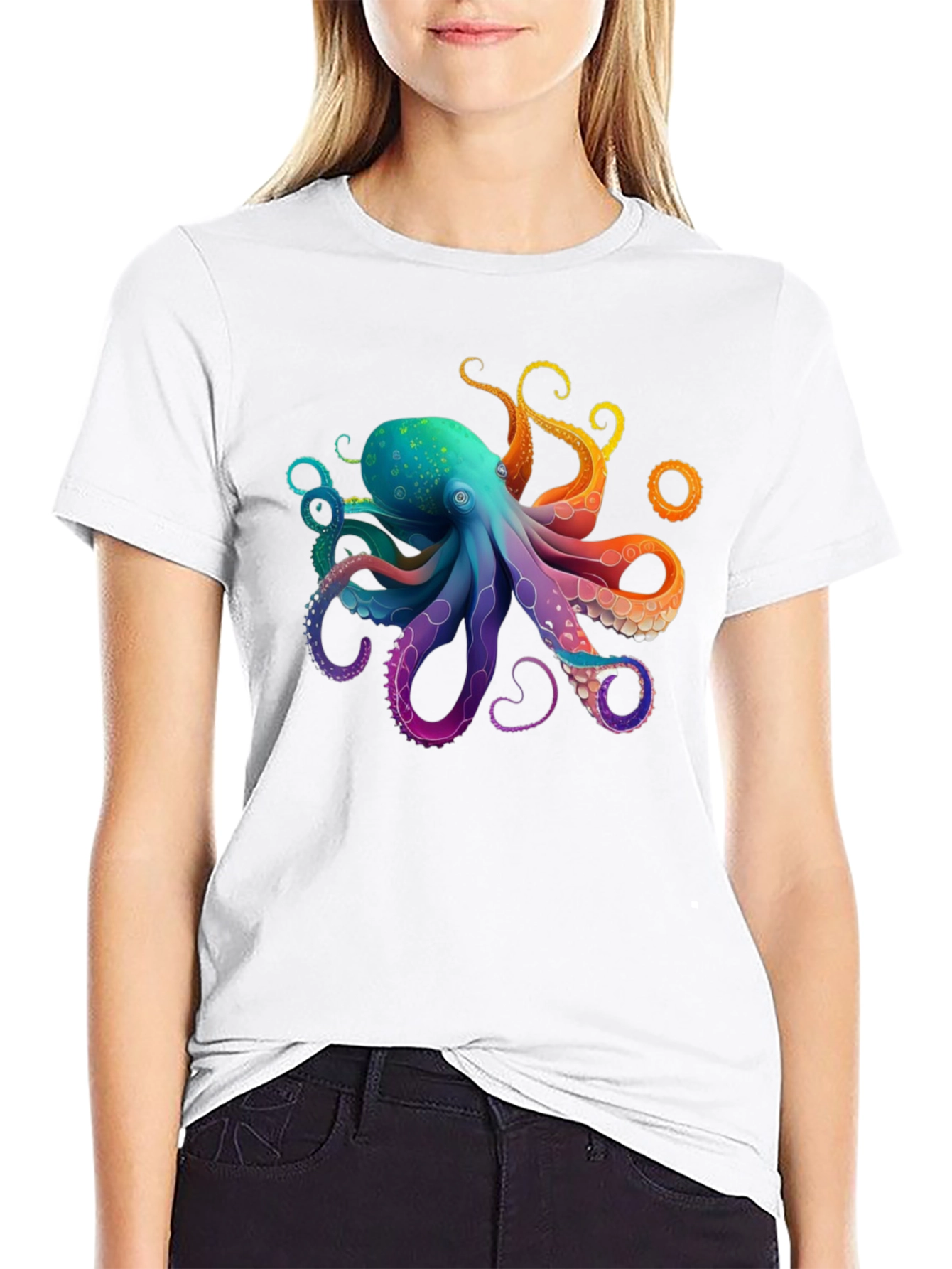 Black Rainbow Octopus Graphic T-Shirt - Black Cotton Blend view 9
