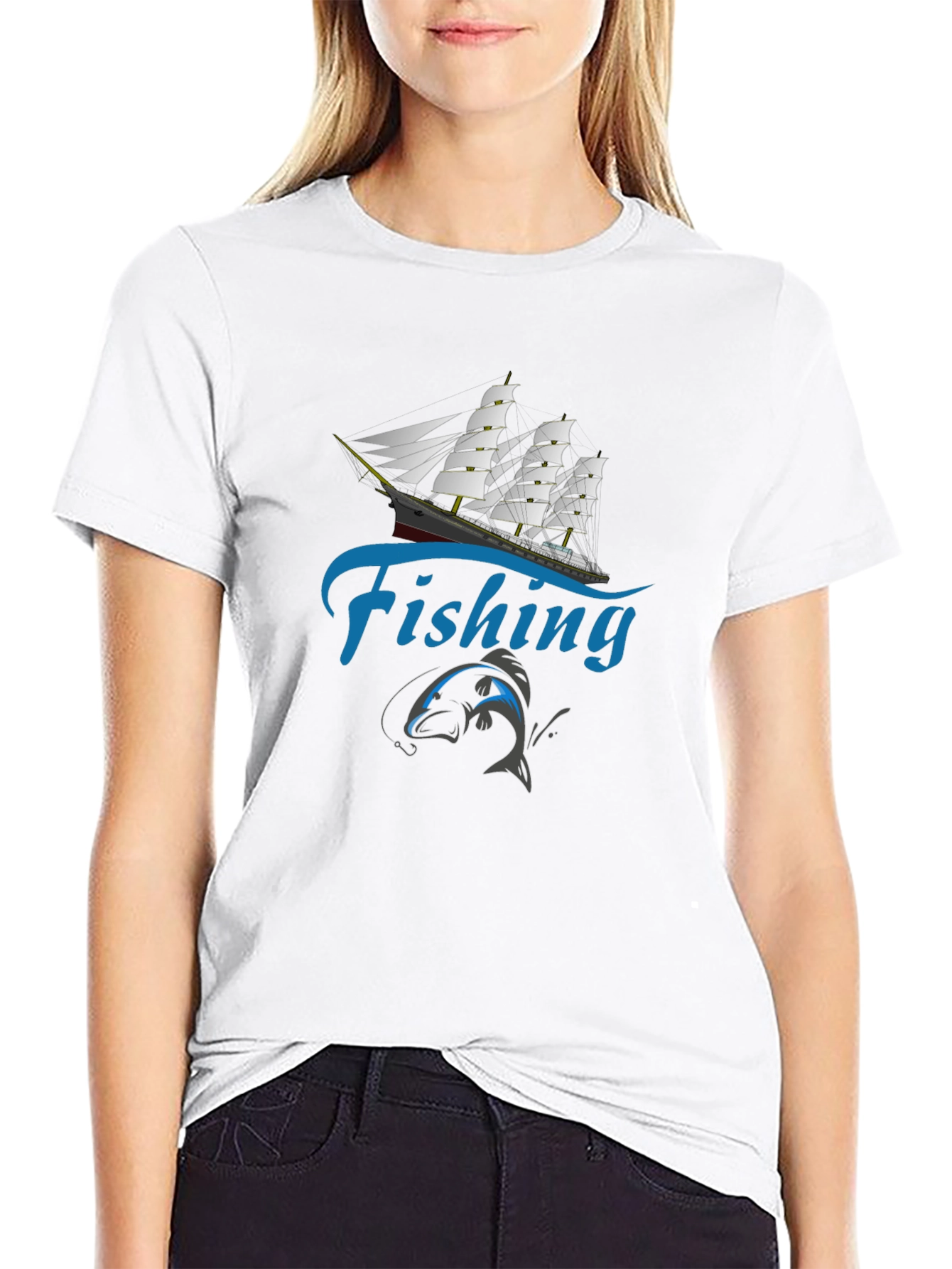 Black Fishing T-Shirt - Sailboat & Fish Design view 9